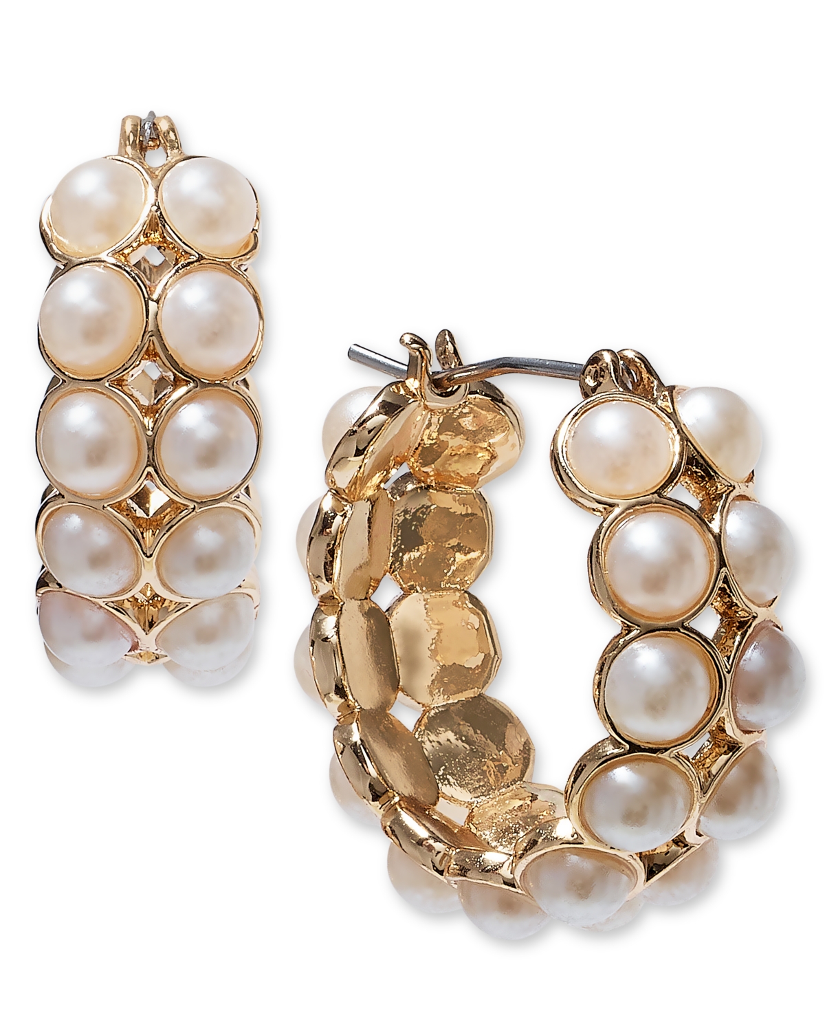 Gold-Tone Small Imitation Pearl Double-Row Hoop Earrings, 0.85", Created for Macy's - White