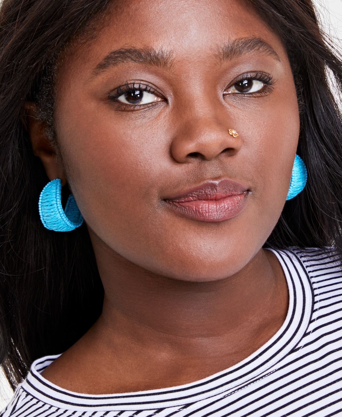 On 34th Silver-tone Medium Color Seed Bead & Raffia C-hoop Earrings, 1.25", Created For Macy's In Blue