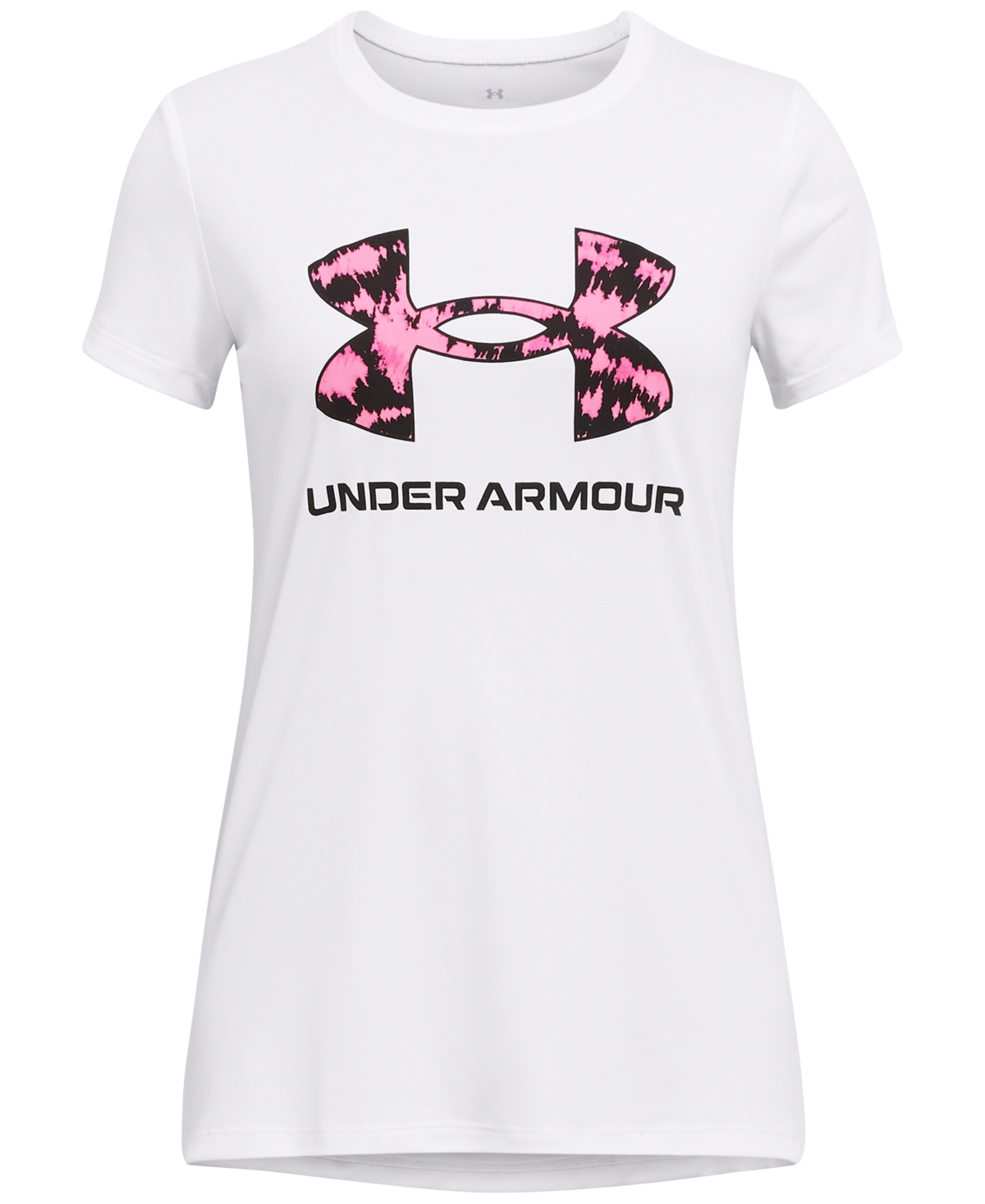 Shop Under Armour Big Girls Tech Print Fill Big Logo Short Sleeve T-shirt In White,black,rebel Pink