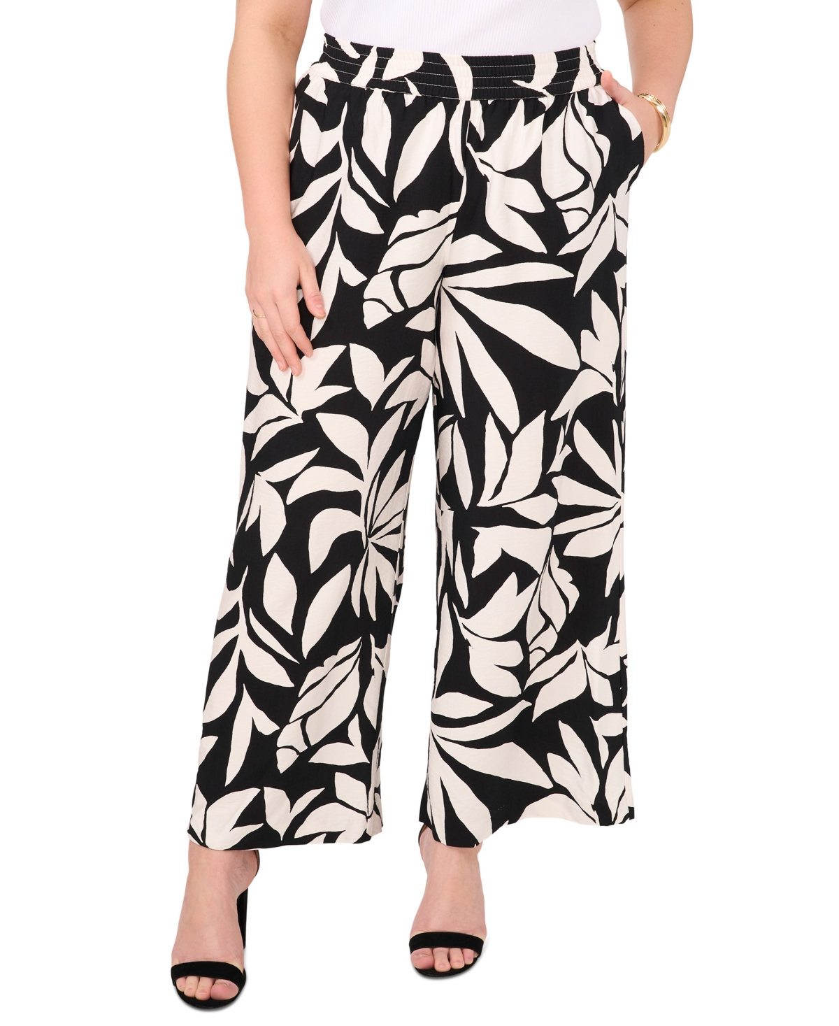 Shop Vince Camuto Plus Size Printed Smocked-waist Wide-leg Pants In Rich Black
