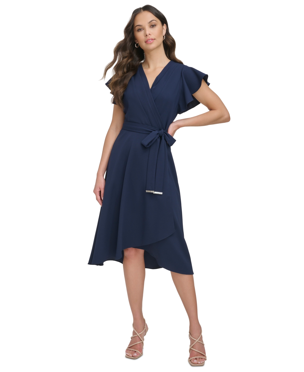 Shop Dkny Women's Flutter-sleeve Tie-waist Faux-wrap Dress In Navy