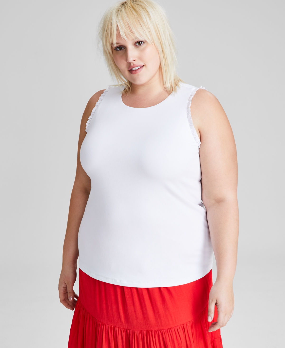 Plus Size Ruffle-Trim Tank Top, Created for Macy's - Bright White