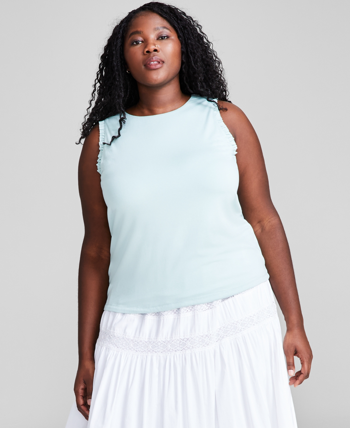 Shop And Now This Plus Size Ruffle-trim Tank Top, Created For Macy's In Harbor Grey