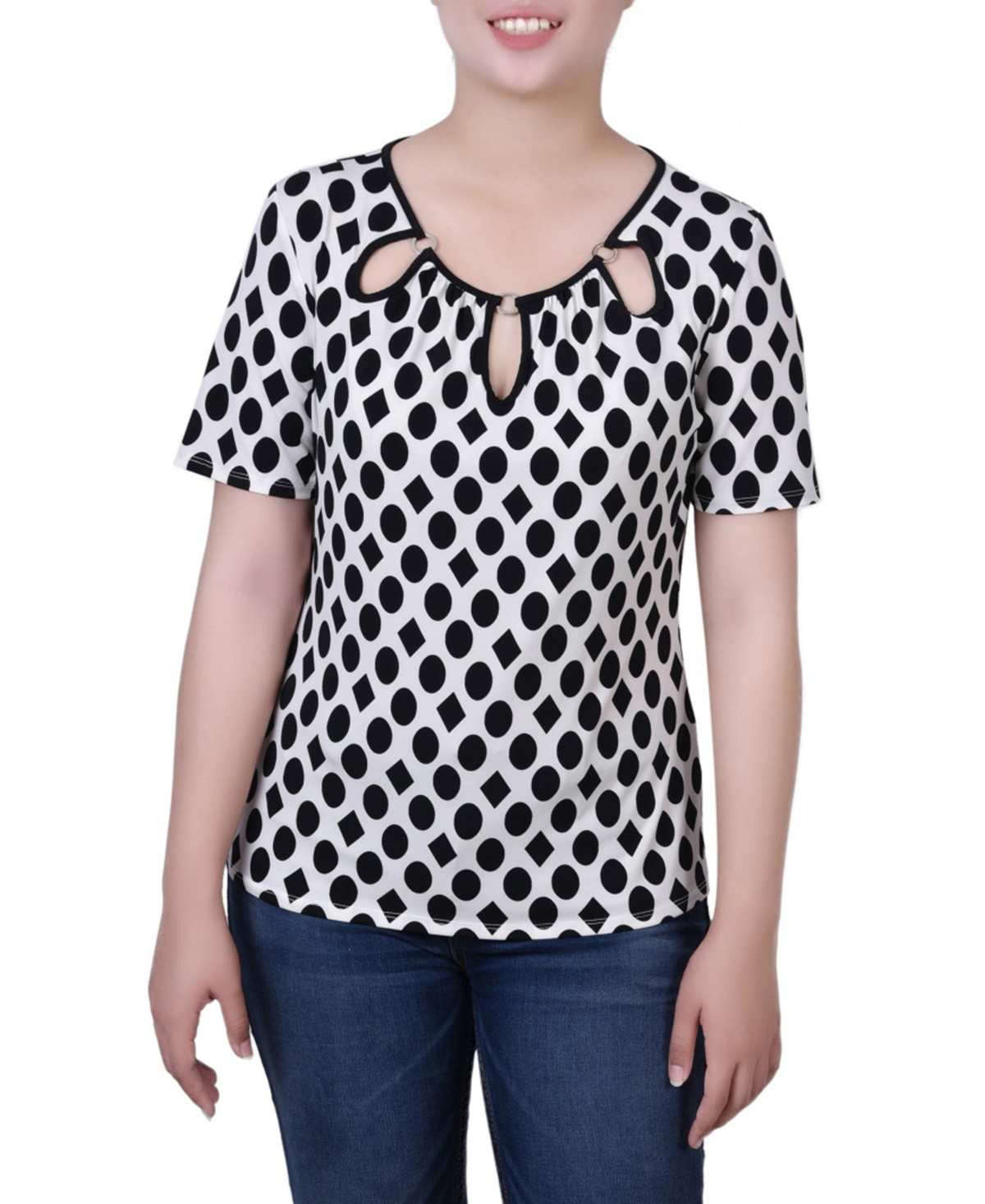 Women's Short Sleeve Top with Ring Details - Circles and Diamonds