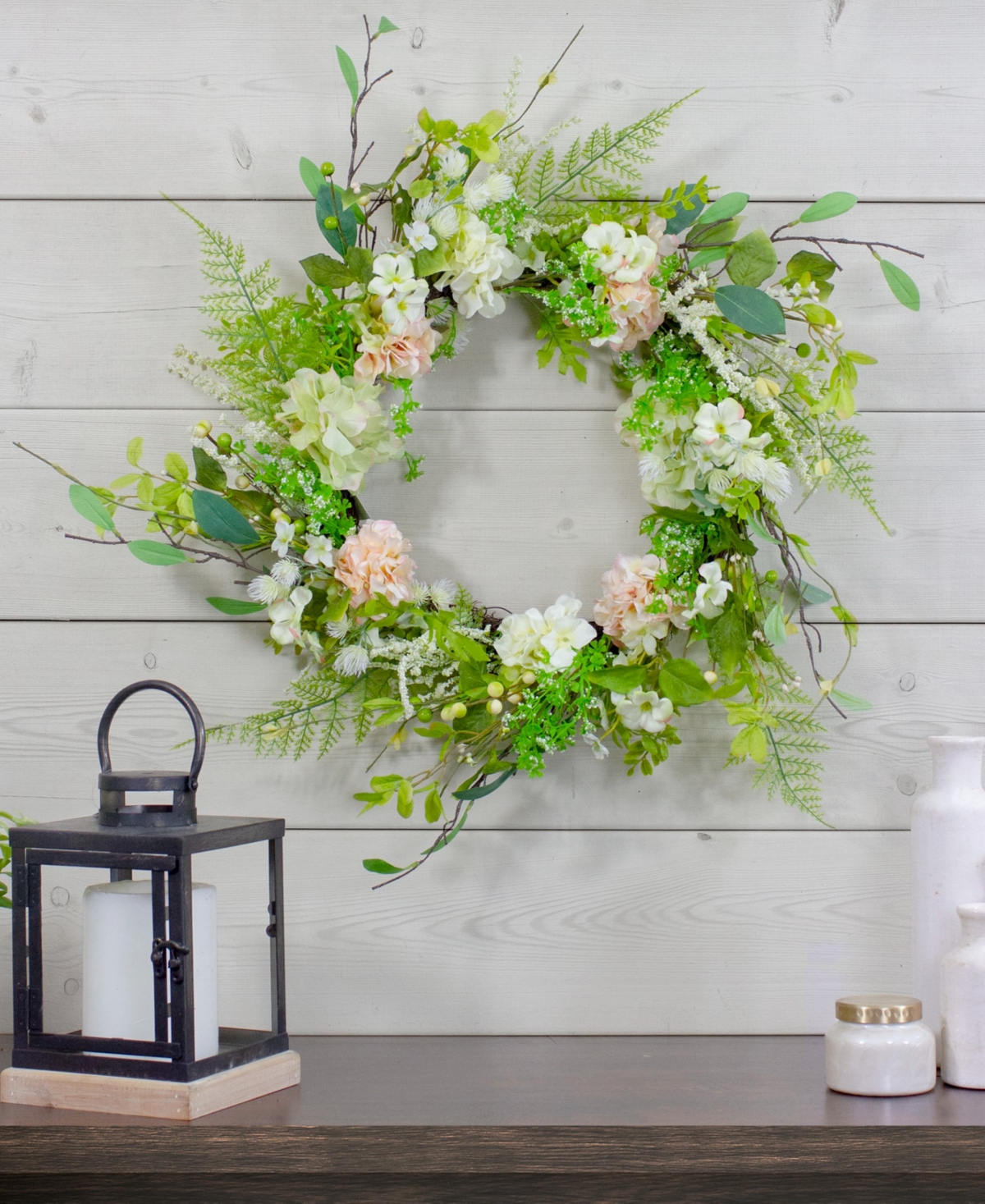 Northlight Hydrangea And Fern Spring Floral Berry Wreath, 28" In Green