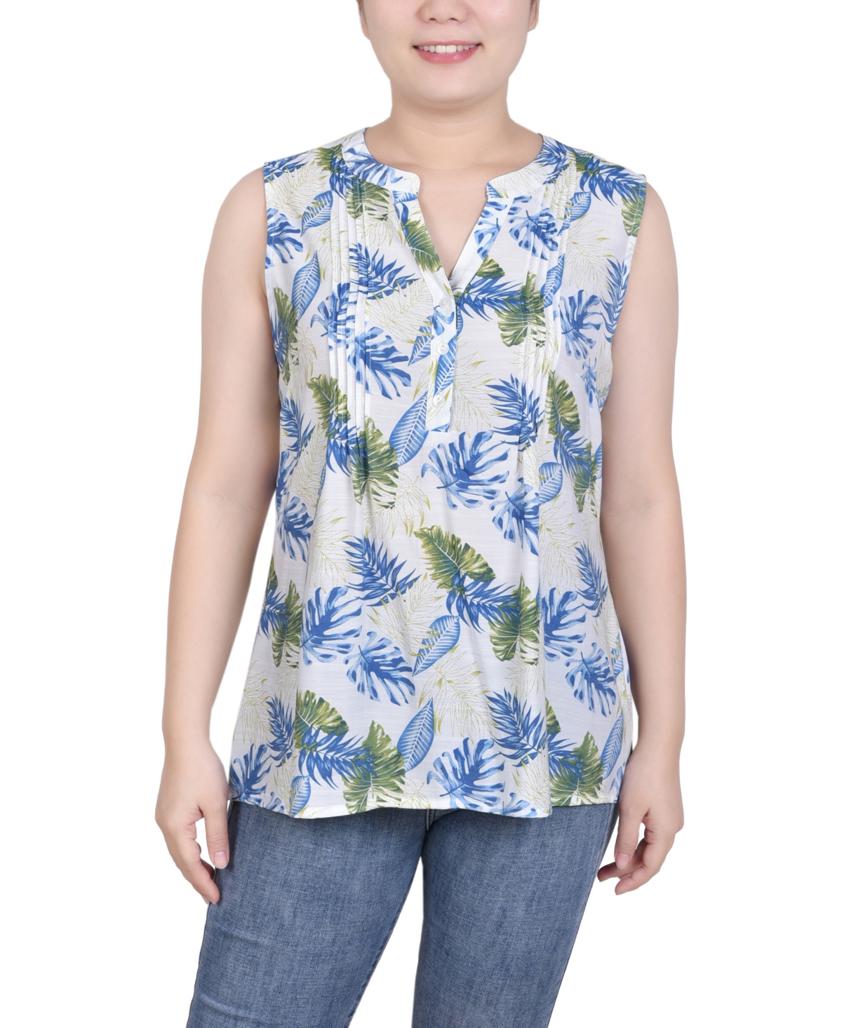 Ny Collection Women's Sleeveless Pintucked Blouse In Ivory Tropical Leaves