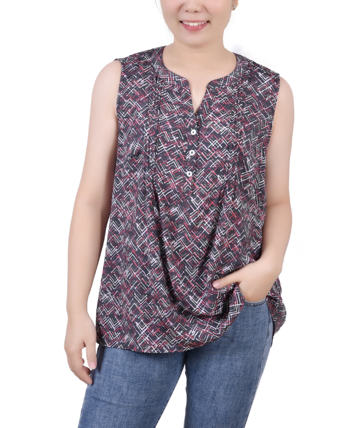 Shop Ny Collection Women's Sleeveless Pintucked Blouse In Black Red Chevron