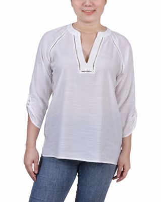 Oxford Tan Raglan Sleeve Split Neck Blouse
