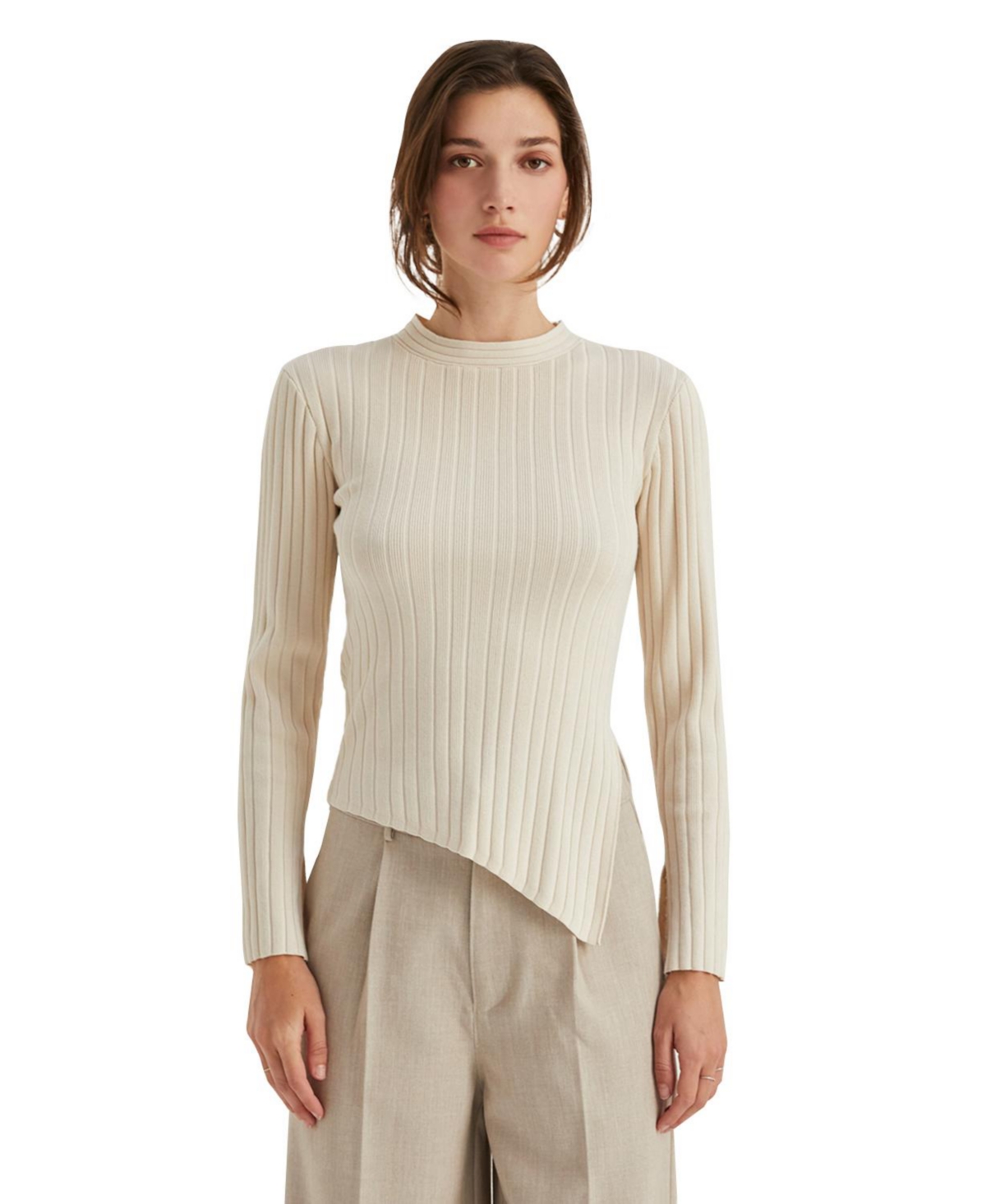 Women's Danielle Rib Knit Asymmetric Hem Top - Open white + cream