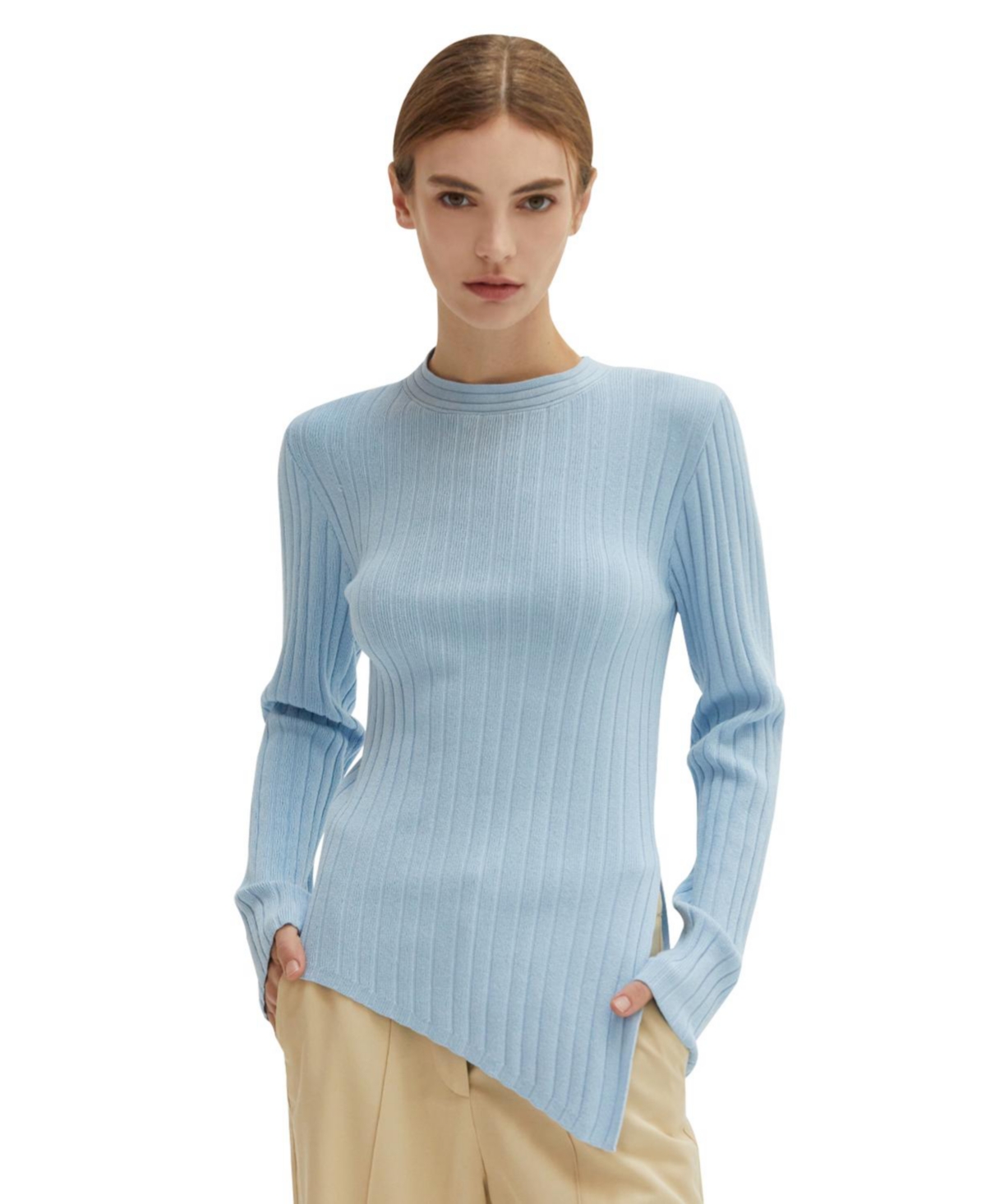 Women's Danielle Rib Knit Asymmetric Hem Top - Light/pastel blue + light blue