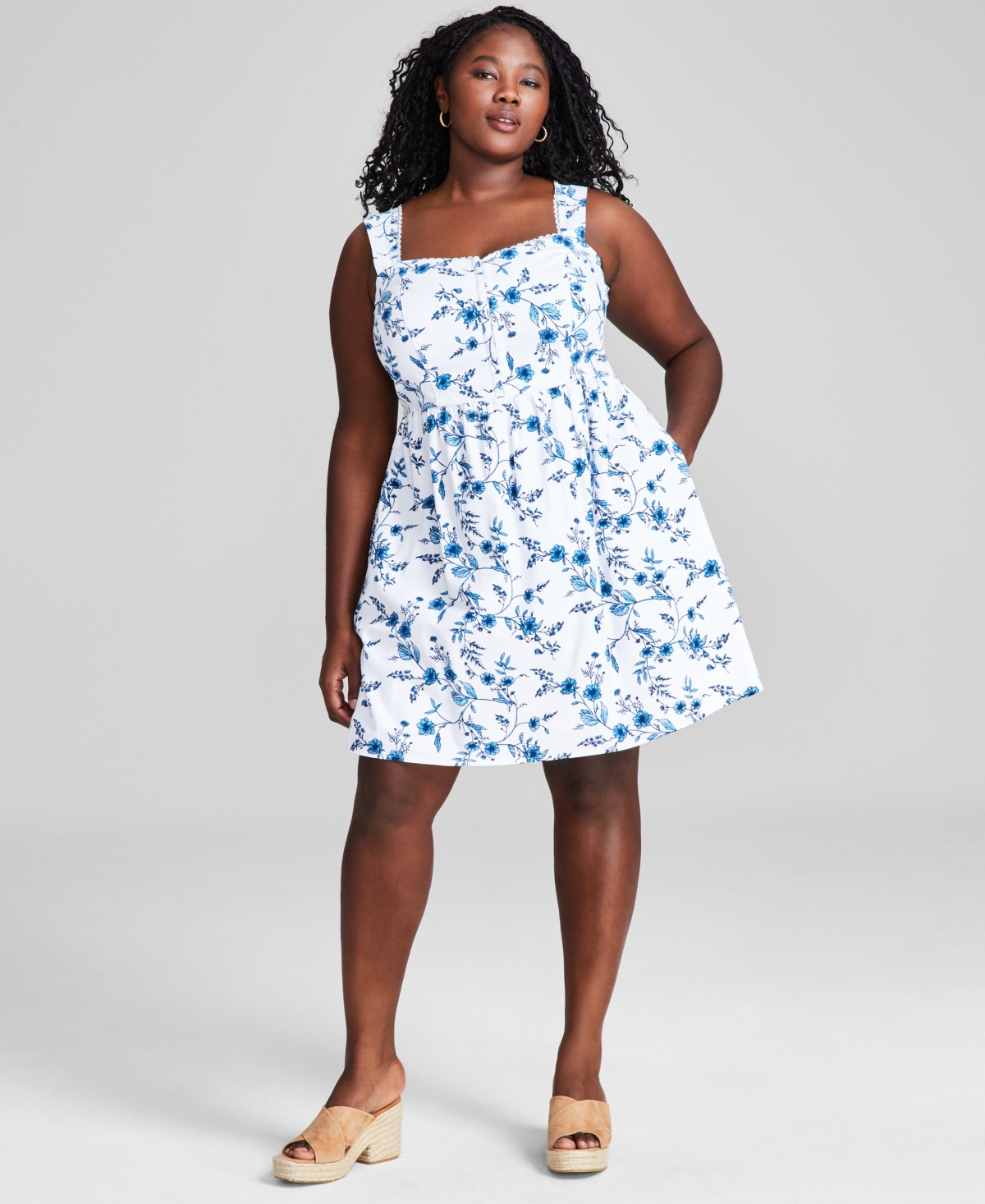 Plus Size Floral-Print Corset Mini Dress, Created for Macy's - Blue Floral