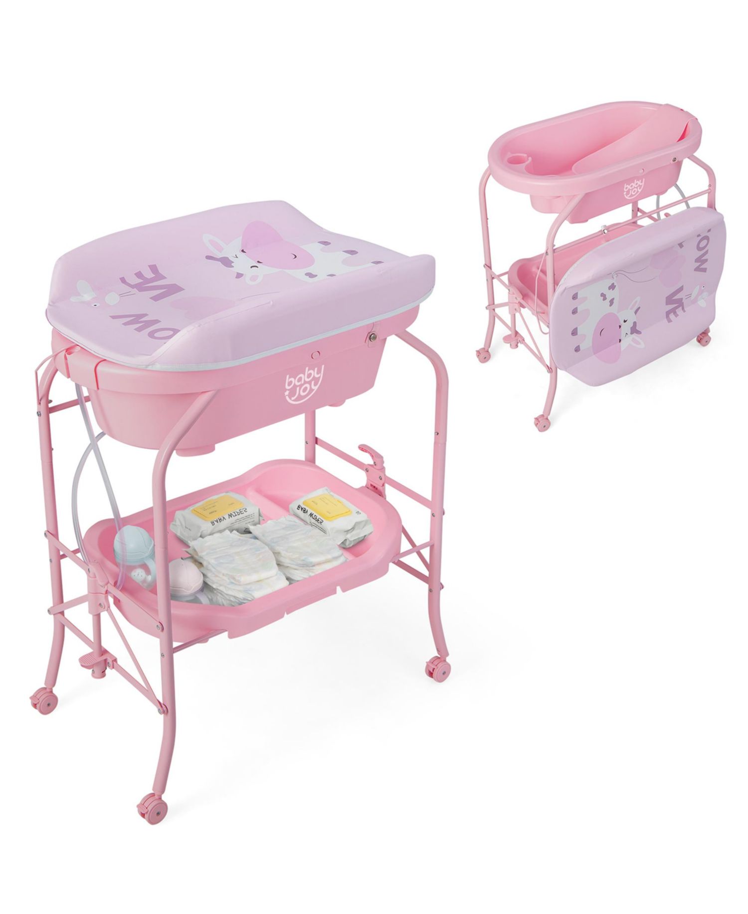 Baby Changing Table with Bathtub, Folding Diaper Station with Wheels