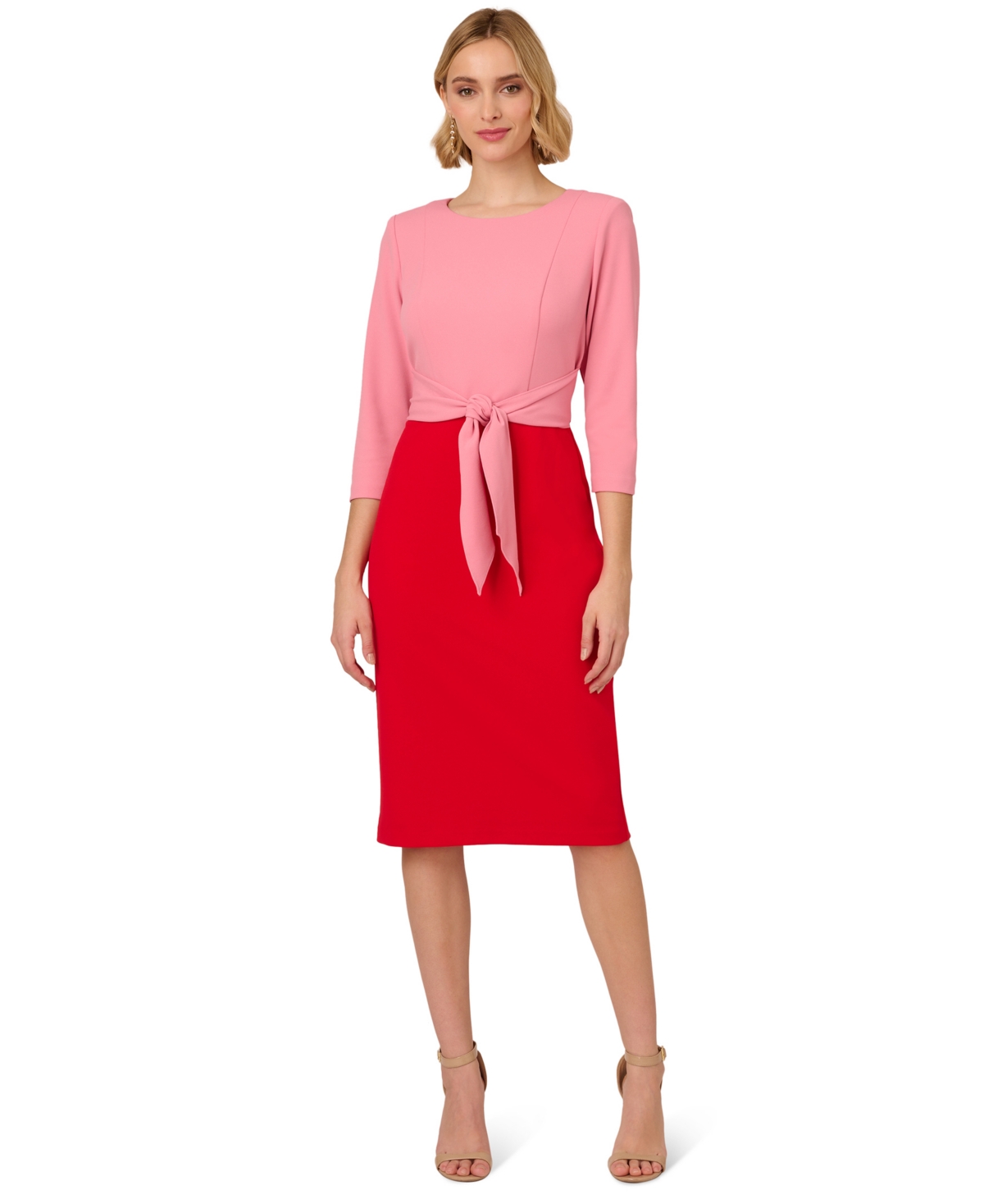 Shop Adrianna Papell Women's Colorblocked Tie-waist Midi Dress In Pink,red
