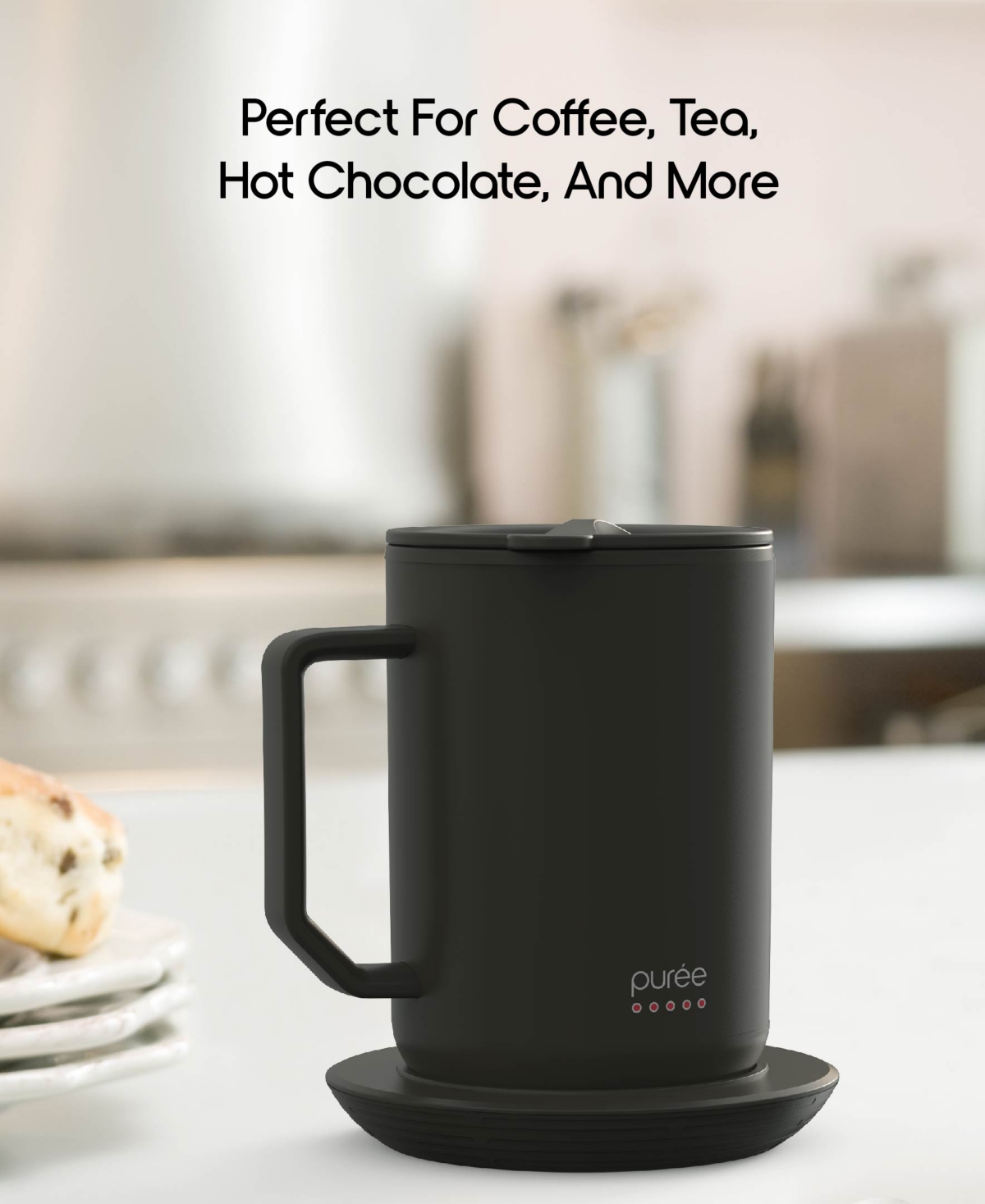 Tzumi Puree Warming Coffee Mug, oz. Stainless Steel Coffee Mug with Mug Warmer Coaster and Lid