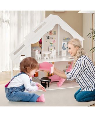 Kids Wooden Dollhouse Semi-Opened DIY Playset with Simulated Rooms & Furniture