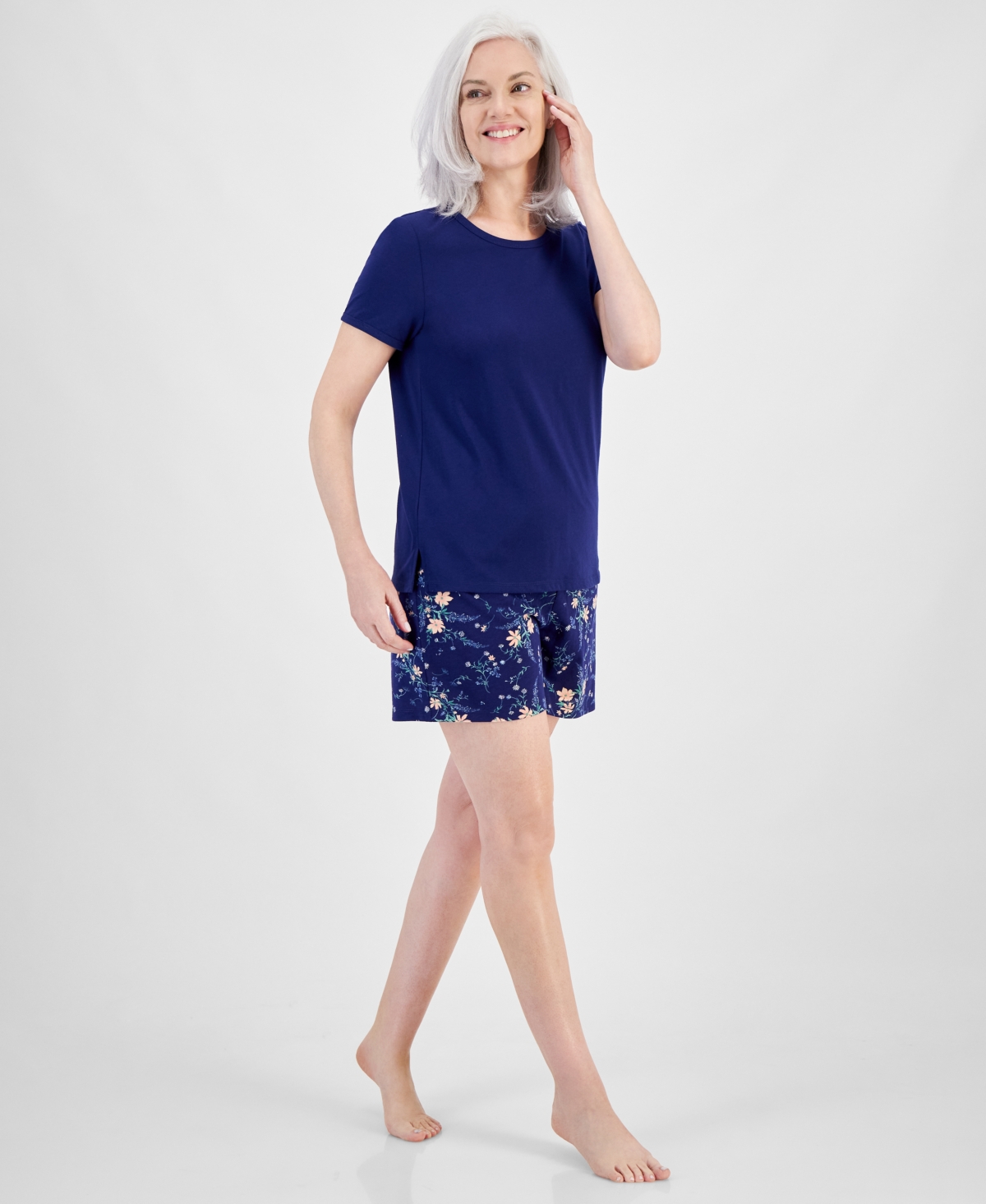 Shop Charter Club Women's Short-sleeve Pajamas Set, Created For Macy's In Navy Delicate Garden