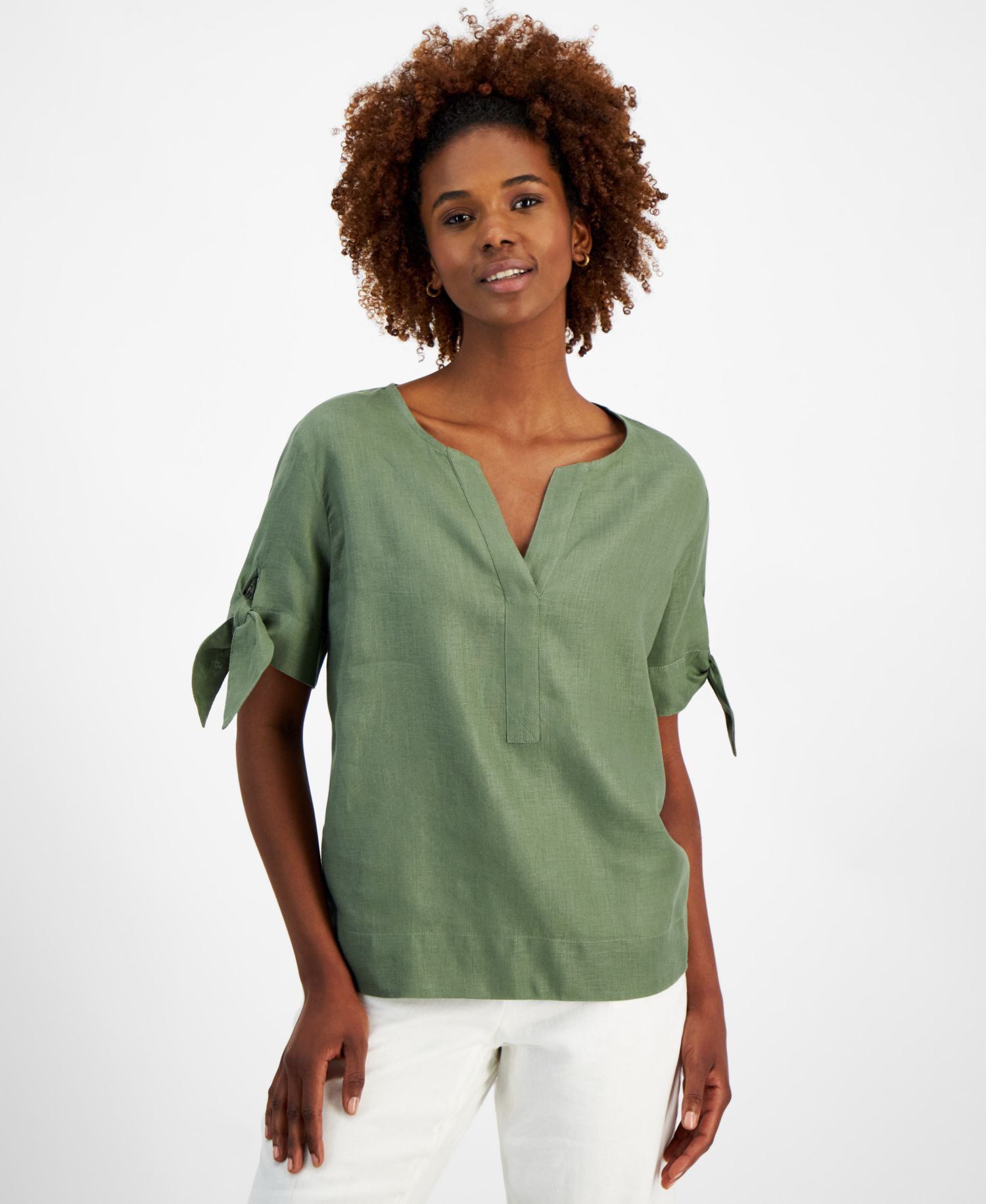 Petite 100% Linen Split-Neck Tie Sleeve Top