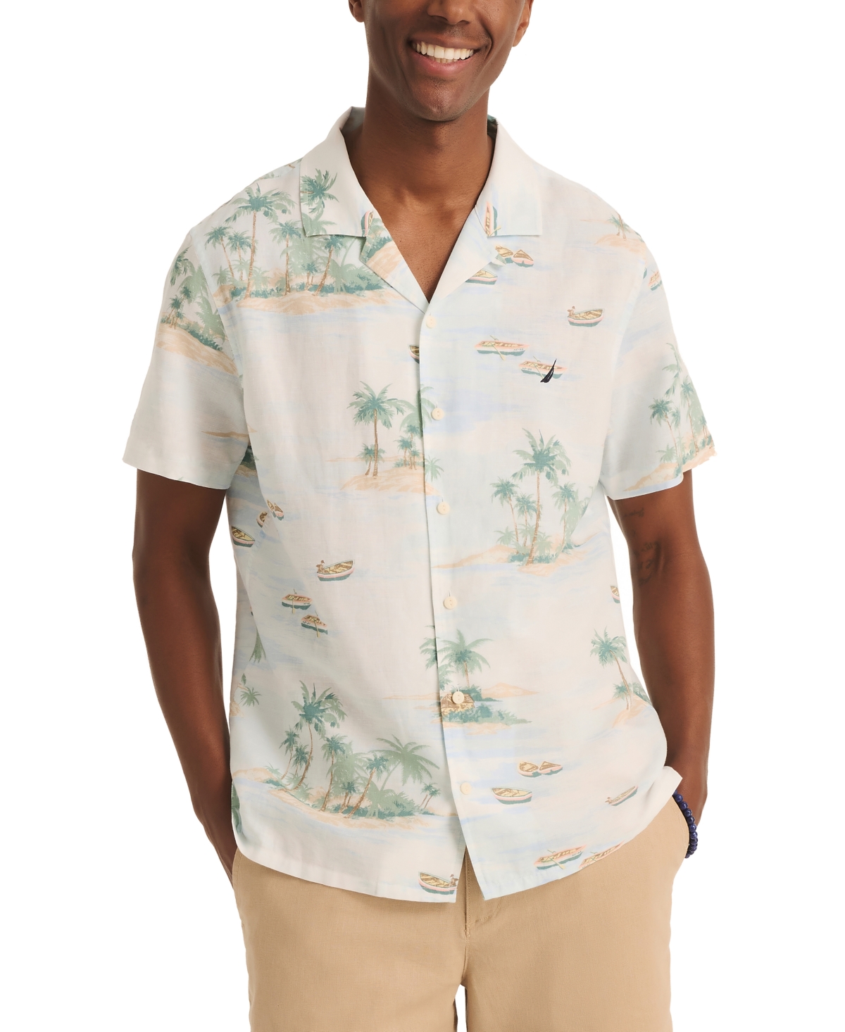 Men's Tropical Print Short Sleeve Button-Front Camp Shirt - Bright White