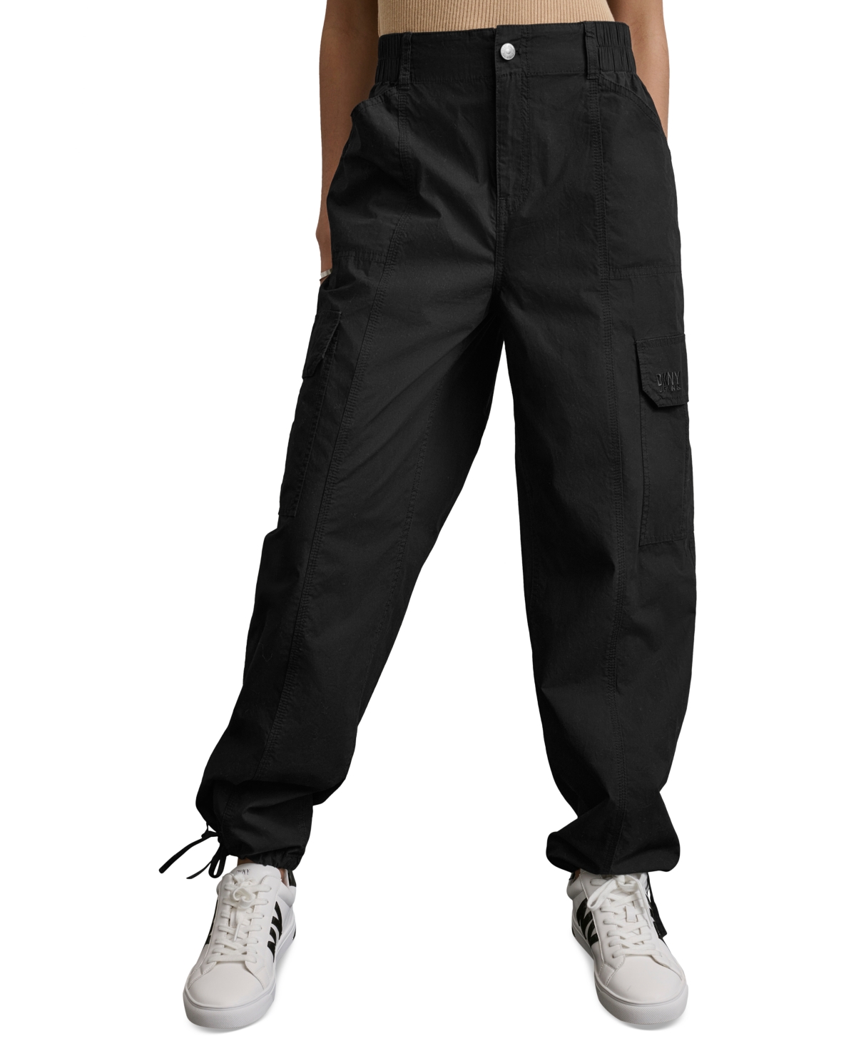 Women's Straight-Leg High-Waist Adjustable-Cuff Cargo Pants - Blk - Black