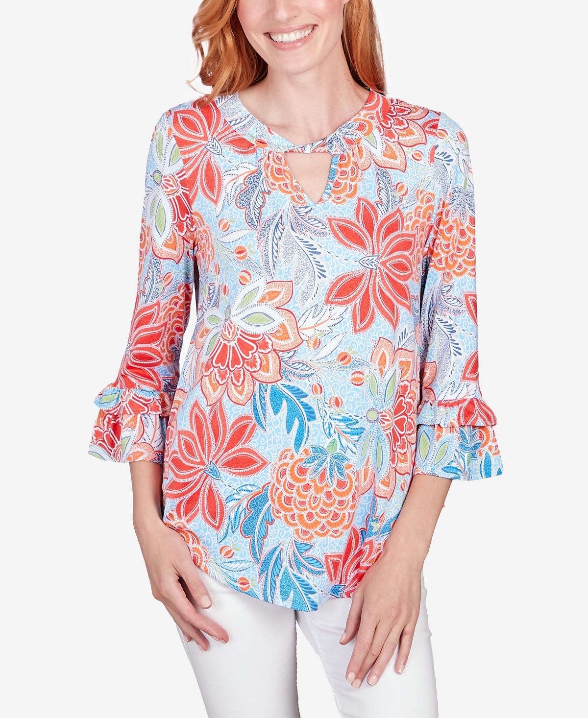 Petite Bold Floral Puff Print Top - Capri Blue Multi