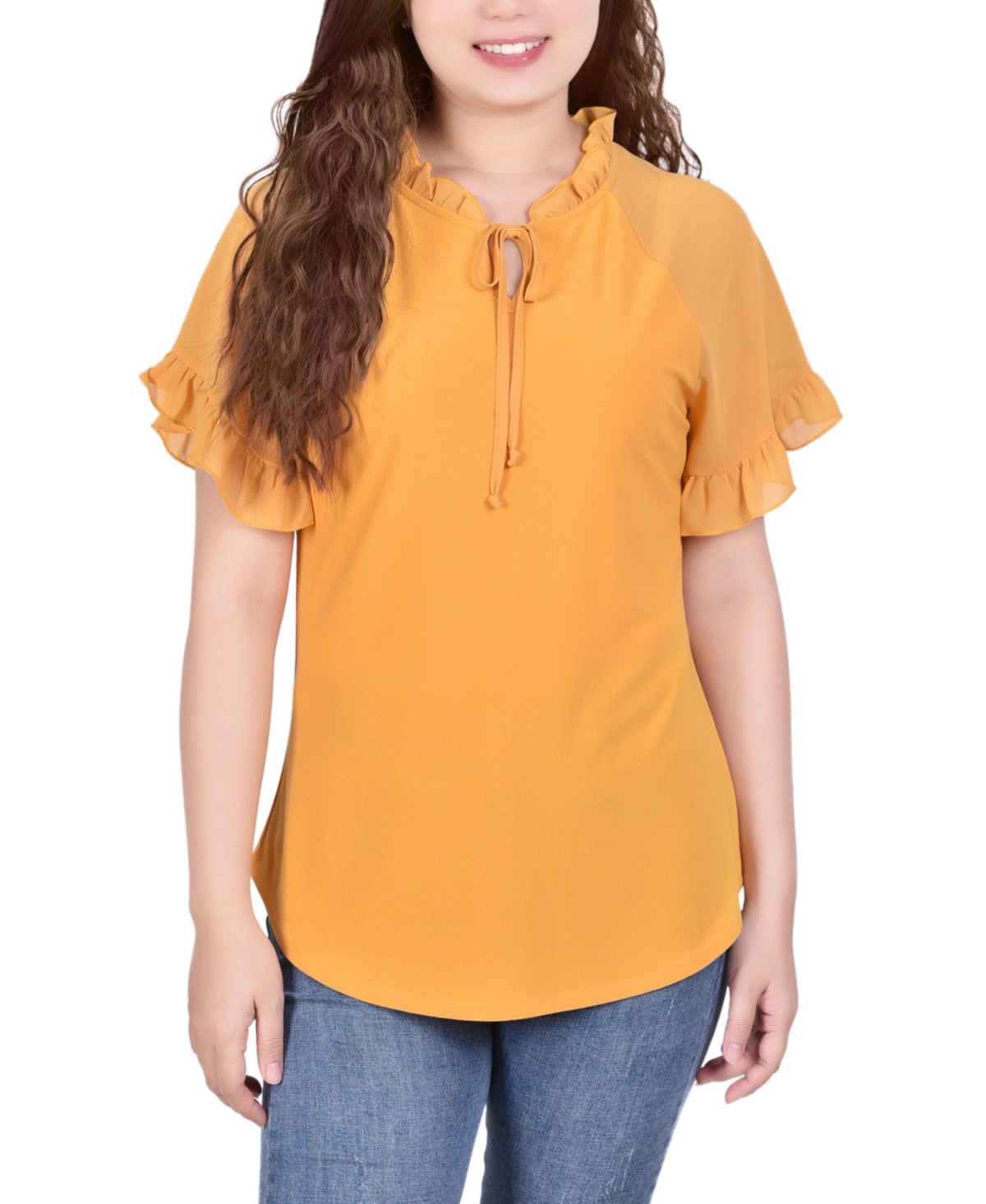 Ny Collection Plus Size Short Ruffled Sleeve Crepe Knit Top With Chiffon Sleeves In Kumquat