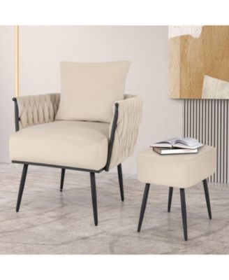 Modern Dutch Velvet Accent Chair and Ottoman Set with Weaved Back and Arms