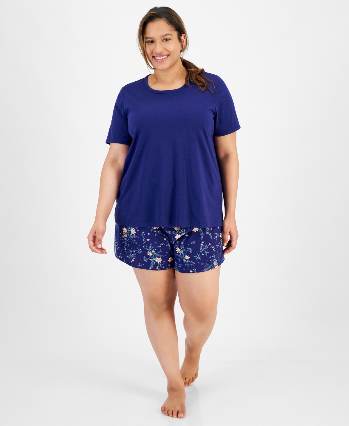 Plus Size Printed Short-Sleeve Pajamas Set, Created for Macy's - Delicate Garden