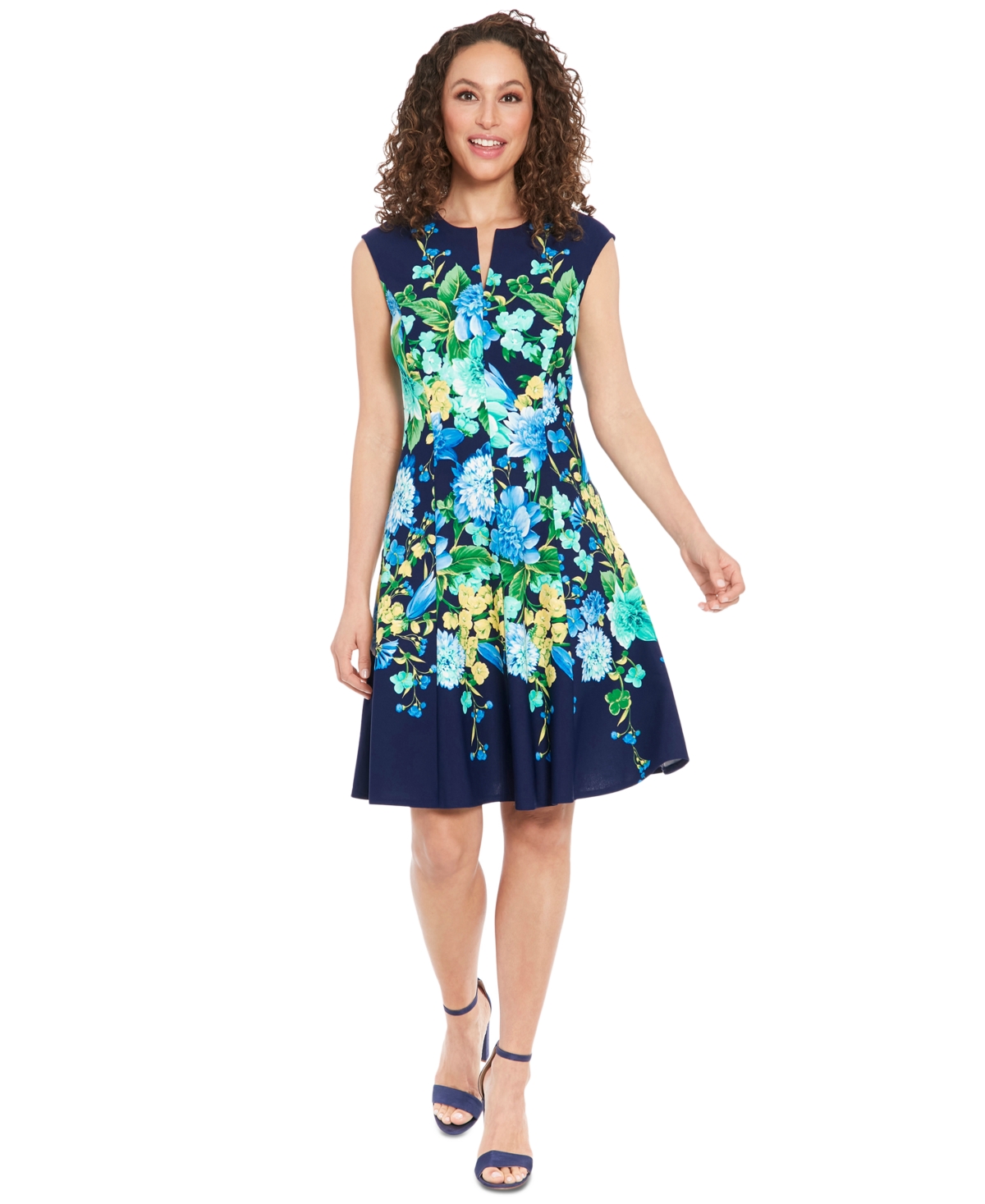 Shop London Times Petite Split-neck Floral-print Fit & Flare Dress In Navy Blue