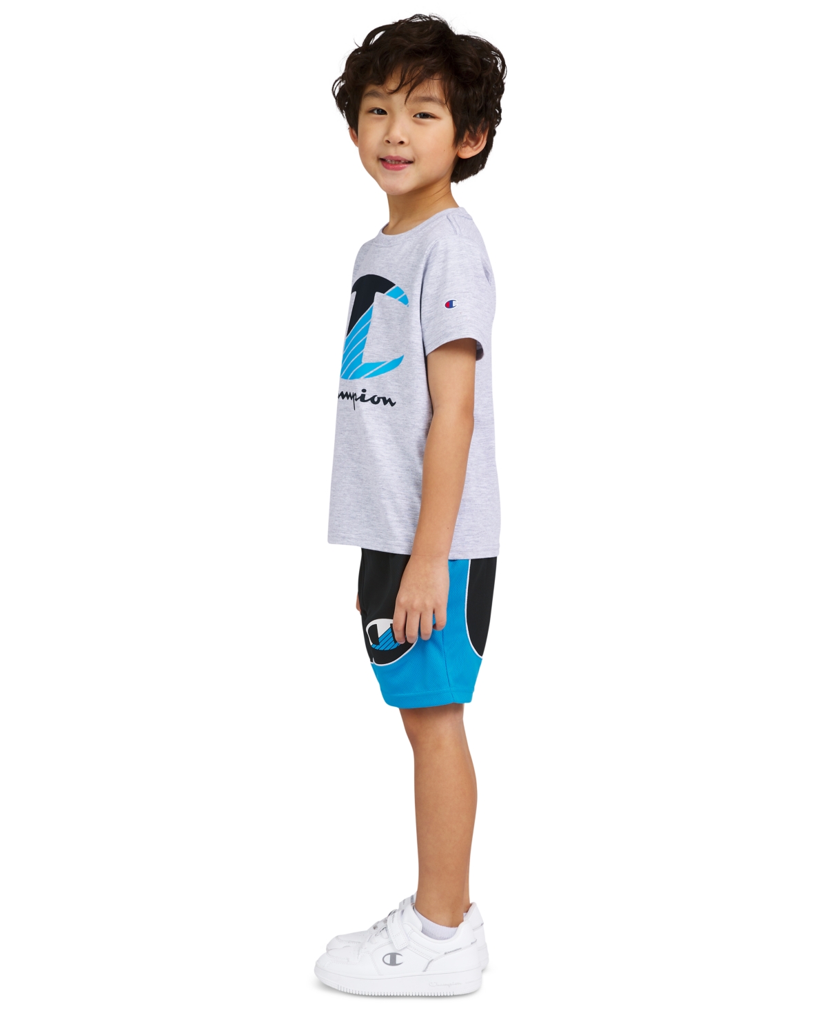Shop Champion Little Boys Logo Graphic T-shirt & Shorts, 2 Piece Set In Grey Heather