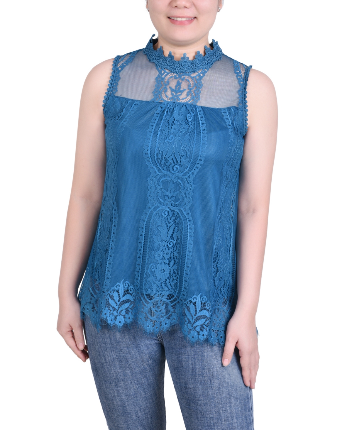 Ny Collection Mock-neck Lace Top In Teal