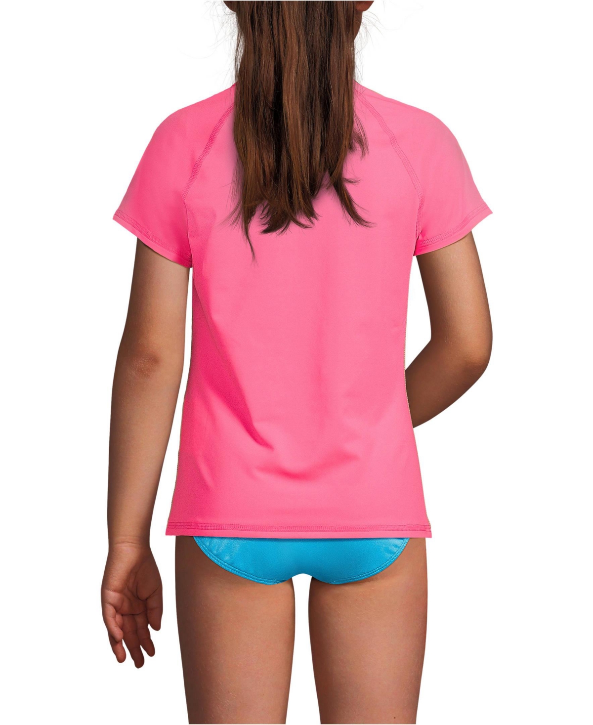 Lands' End Girls Slim Chlorine Resistant Short Sleeve Crew Neck UPF50 Rash Guard -turquoise stripe