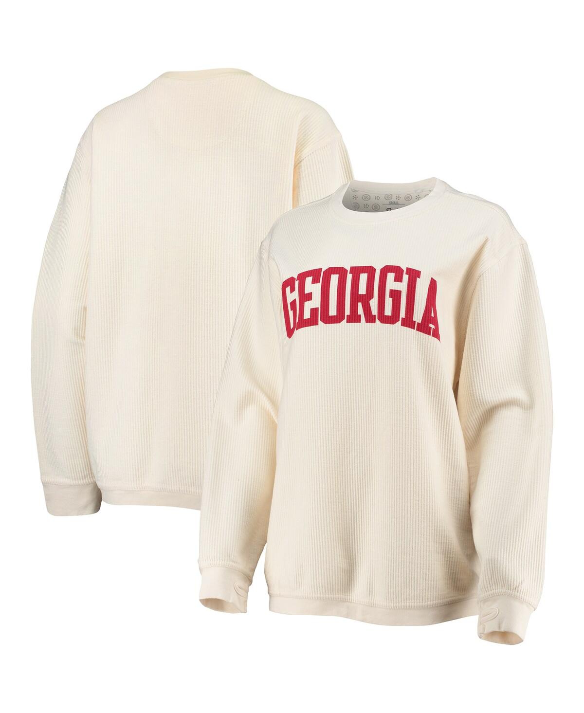 Women's Pressbox White Distressed Georgia Bulldogs Comfy Cord Vintage-Like Wash Basic Arch Pullover Sweatshirt - White
