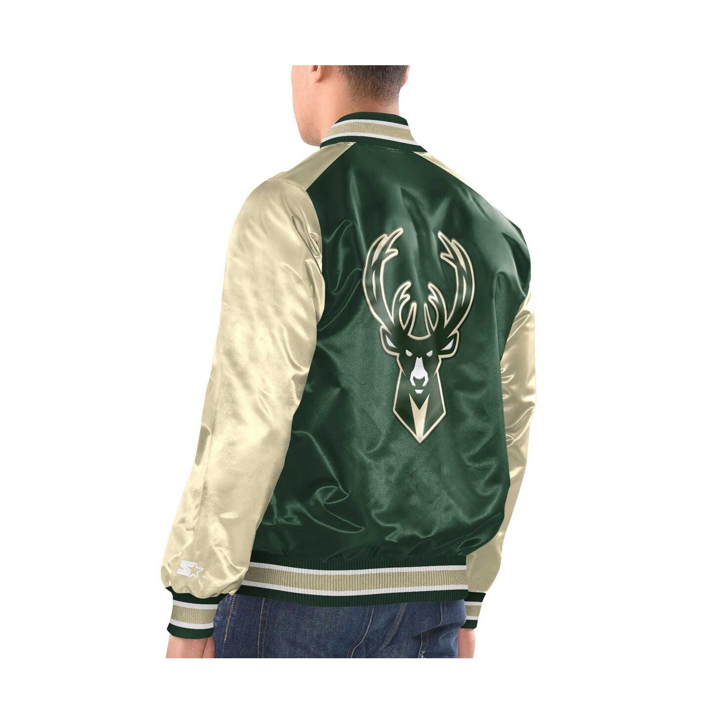 Мужская куртка Starter Hunter Green, Cream Milwaukee Bucks Renegade Satin Full-Snap Varsity — фото 2