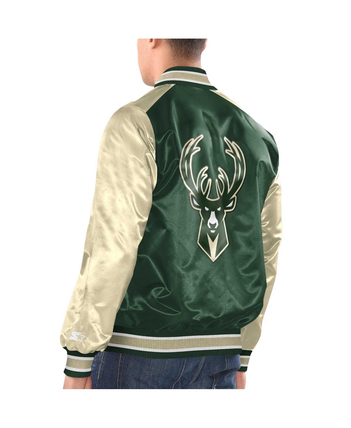 Shop Starter Men's  Hunter Green, Cream Milwaukee Bucks Renegade Satin Full-snap Varsity Jacket In Hunter Green,cream