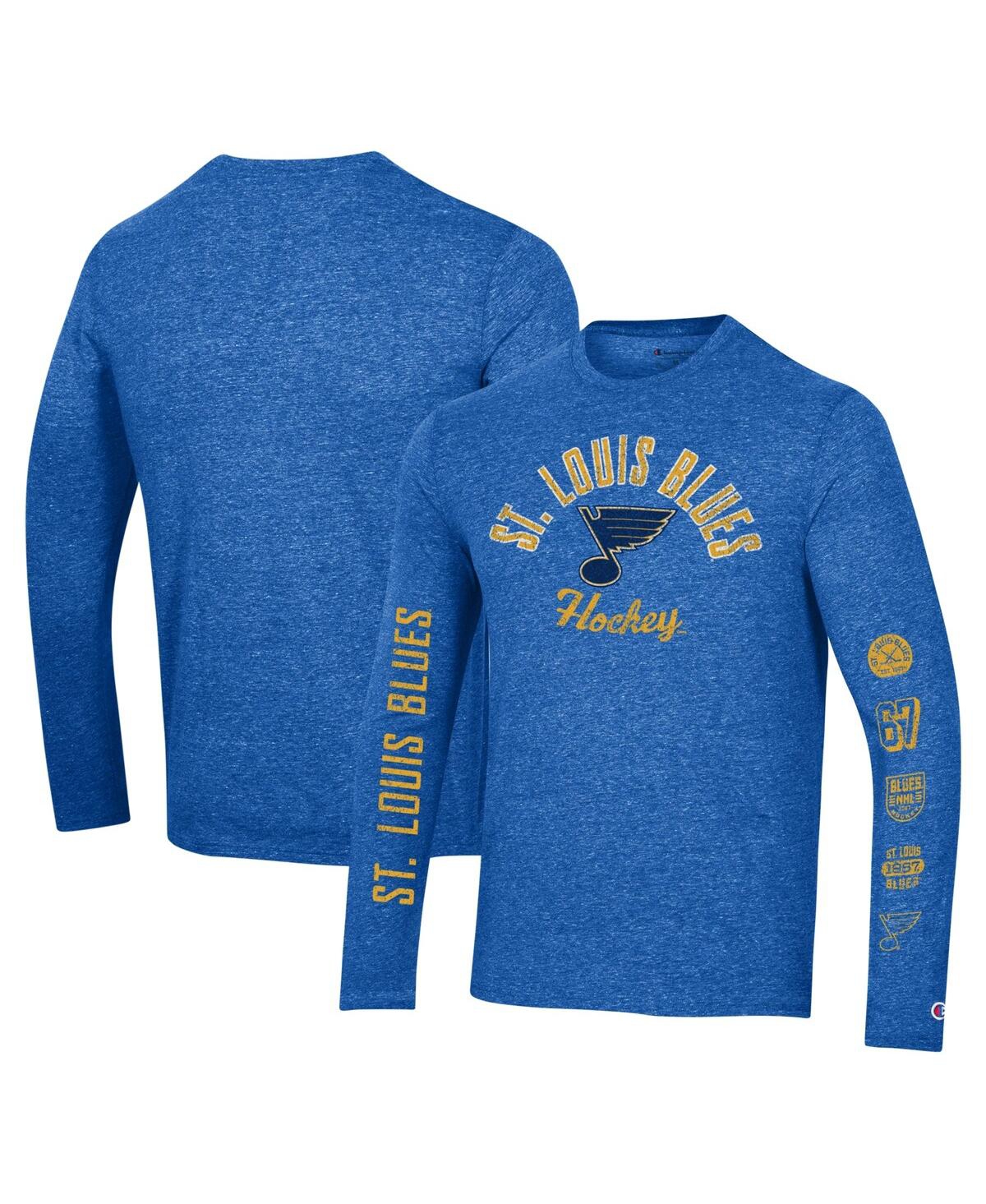 Men's Champion Heather Blue Distressed St. Louis Blues Multi-Logo Tri-Blend Long Sleeve T-shirt - Heather Blue