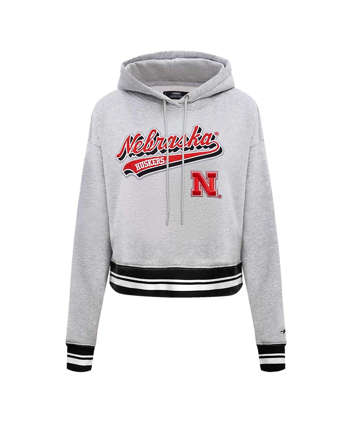 Pro Standard Heather Gray Nebraska Huskers Script Tail Fleece Cropped Pullover Hoodie In Heather Gray