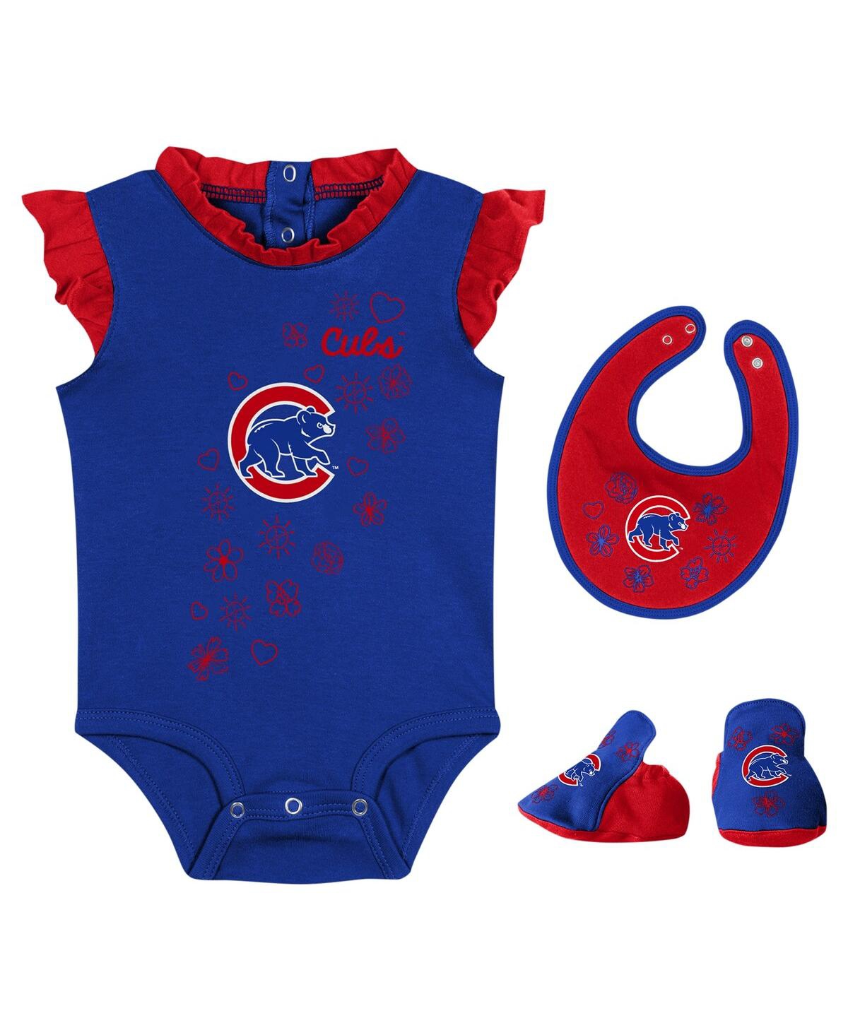 Outerstuff Baby Girls  Royal Chicago Cubs Happy Baseball Bodysuit, Bib And Bootie Set
