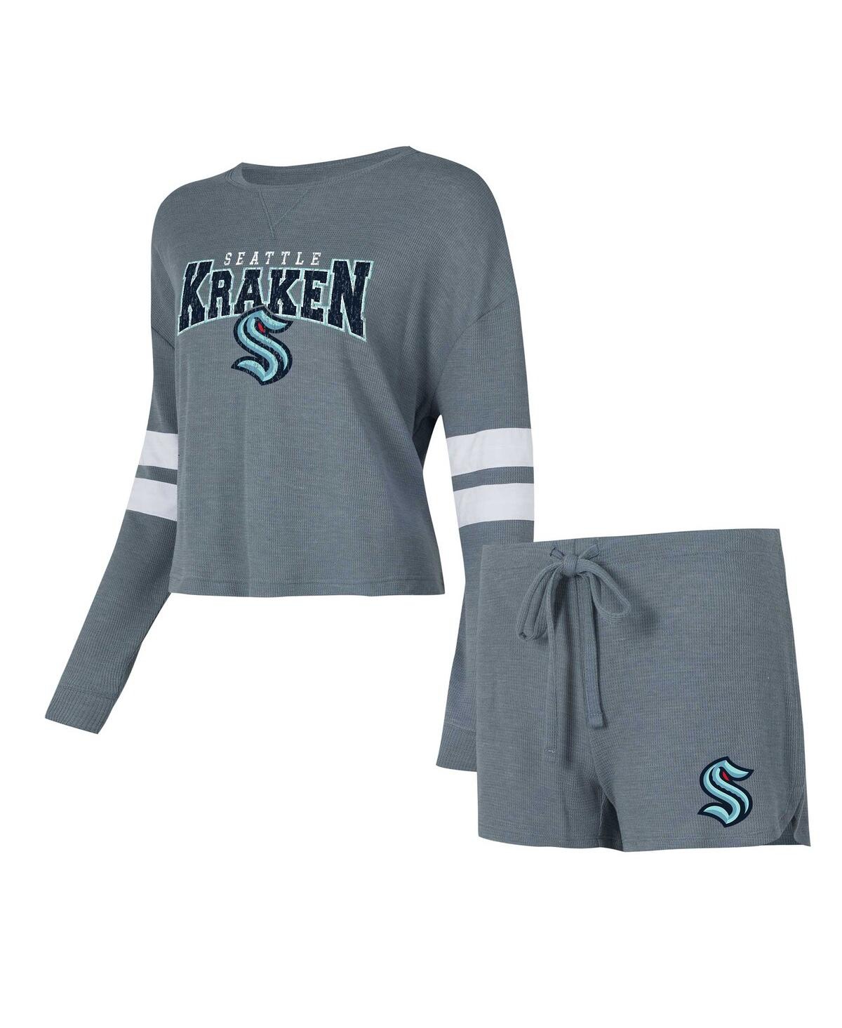 Concepts Sport Women's  Charcoal Distressed Seattle Kraken Meadow Long Sleeve T-shirt And Shorts Slee