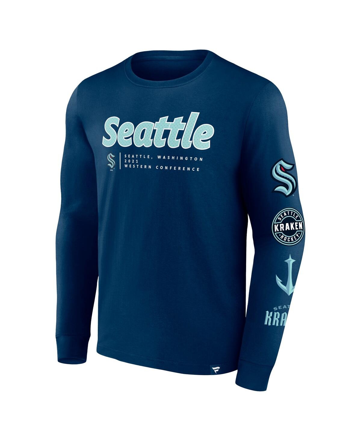 Shop Fanatics Men's  Deep Sea Blue Seattle Kraken Strike The Goal Long Sleeve T-shirt