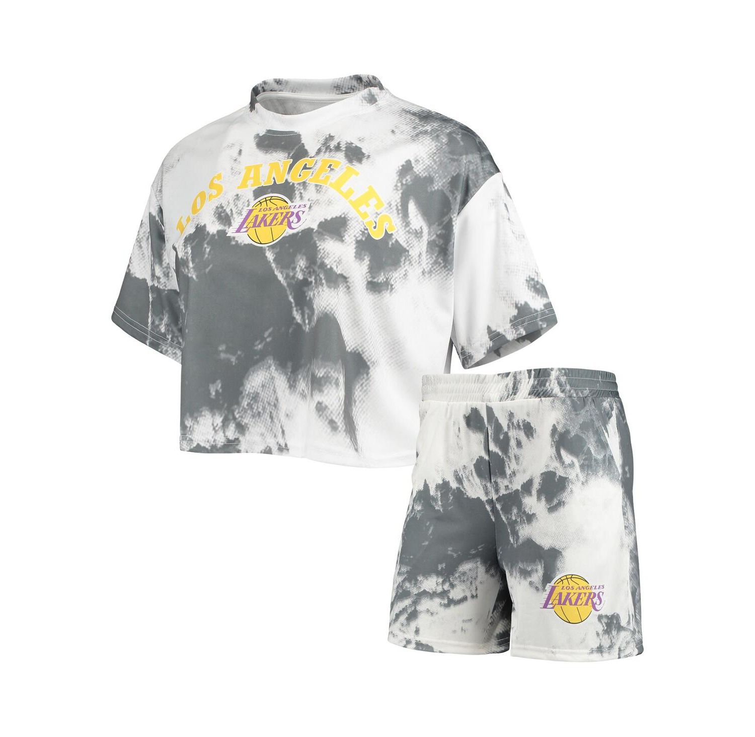 Women's White, Black Los Angeles Lakers Tie-Dye Crop Top and Shorts Set