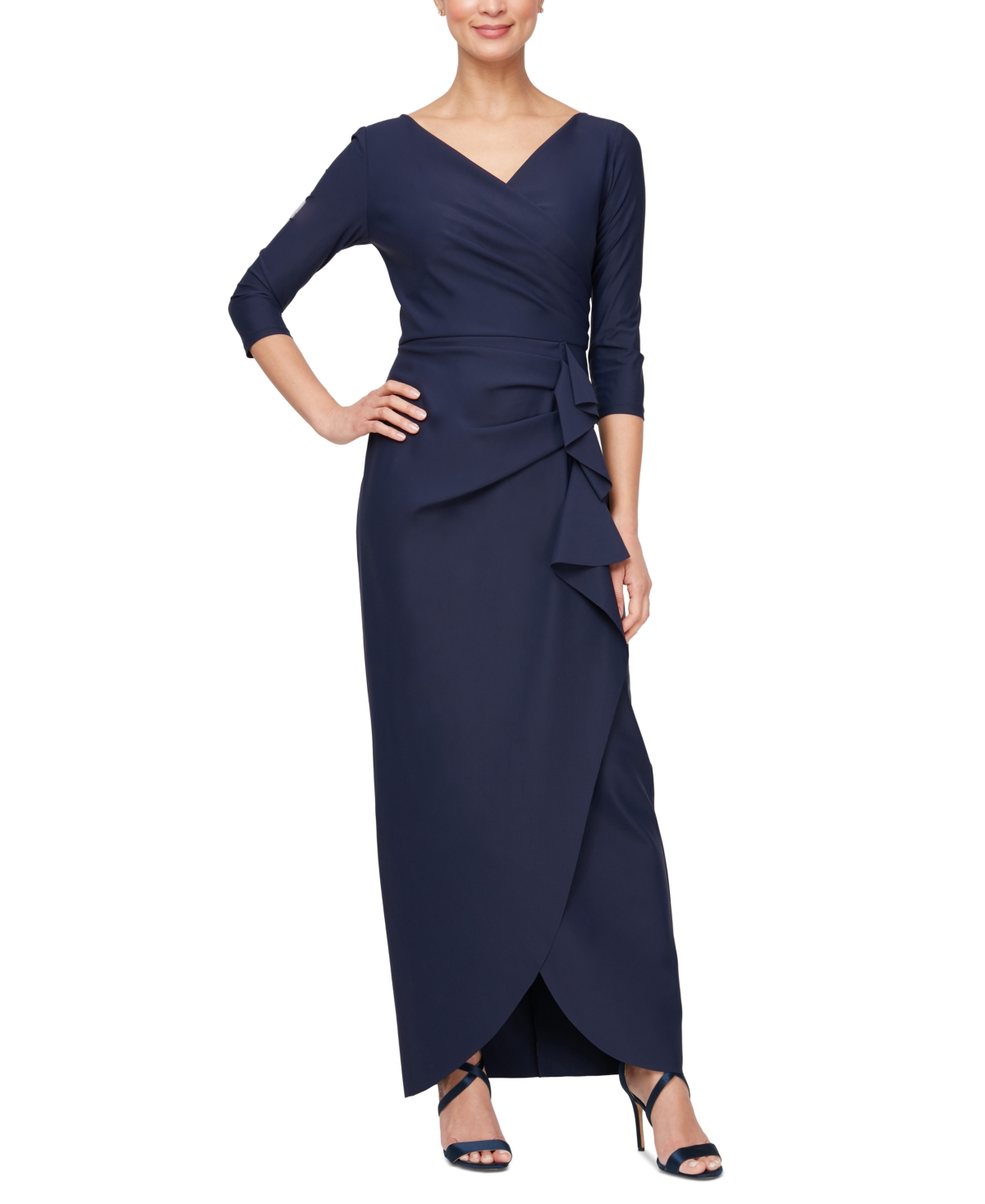 Shop Alex Evenings Women's Compression Surplice Draped 3/4-sleeve Gown In Navy