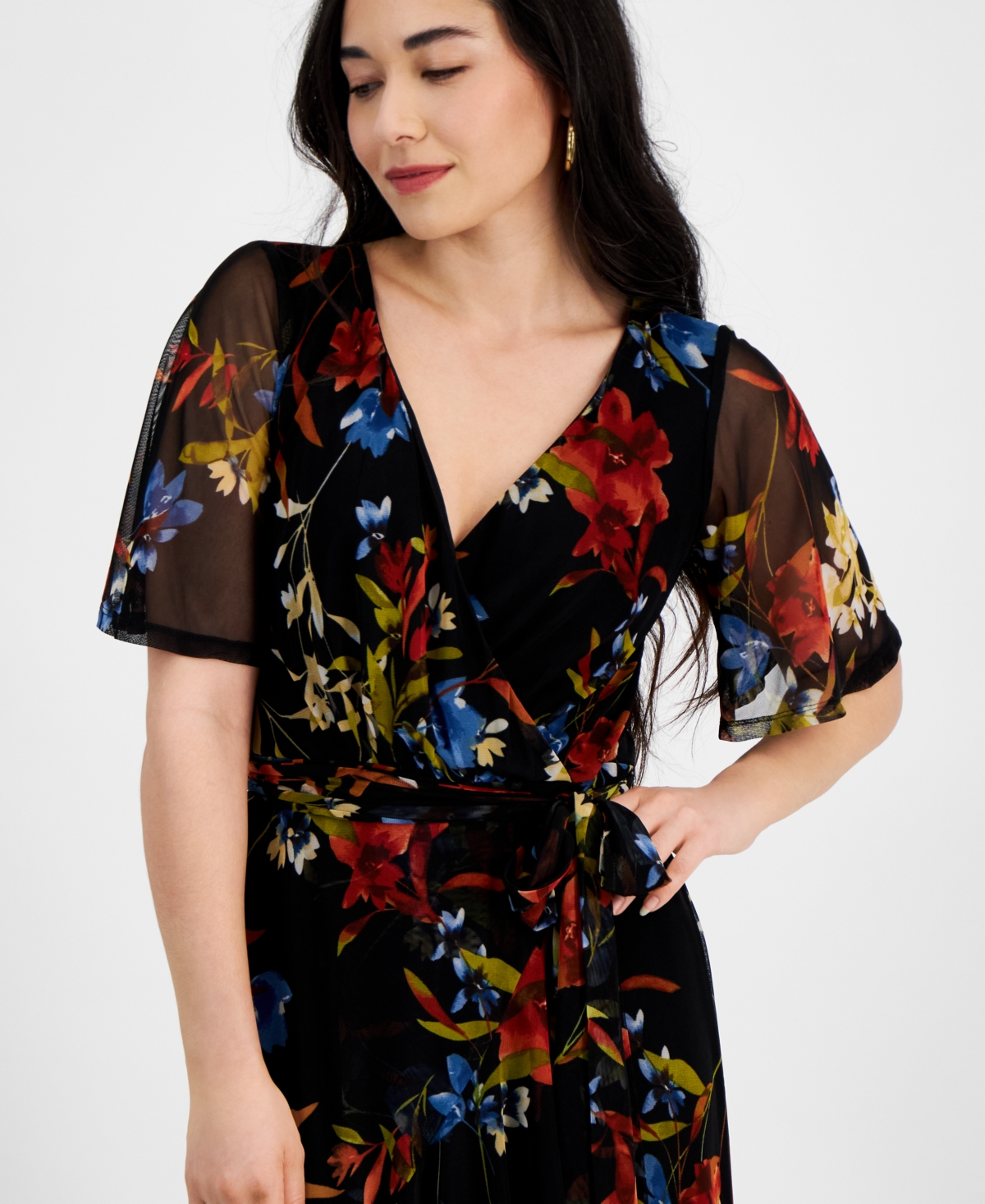 Shop Connected Petite Floral High-low Wrap Sheath Dress In Spice