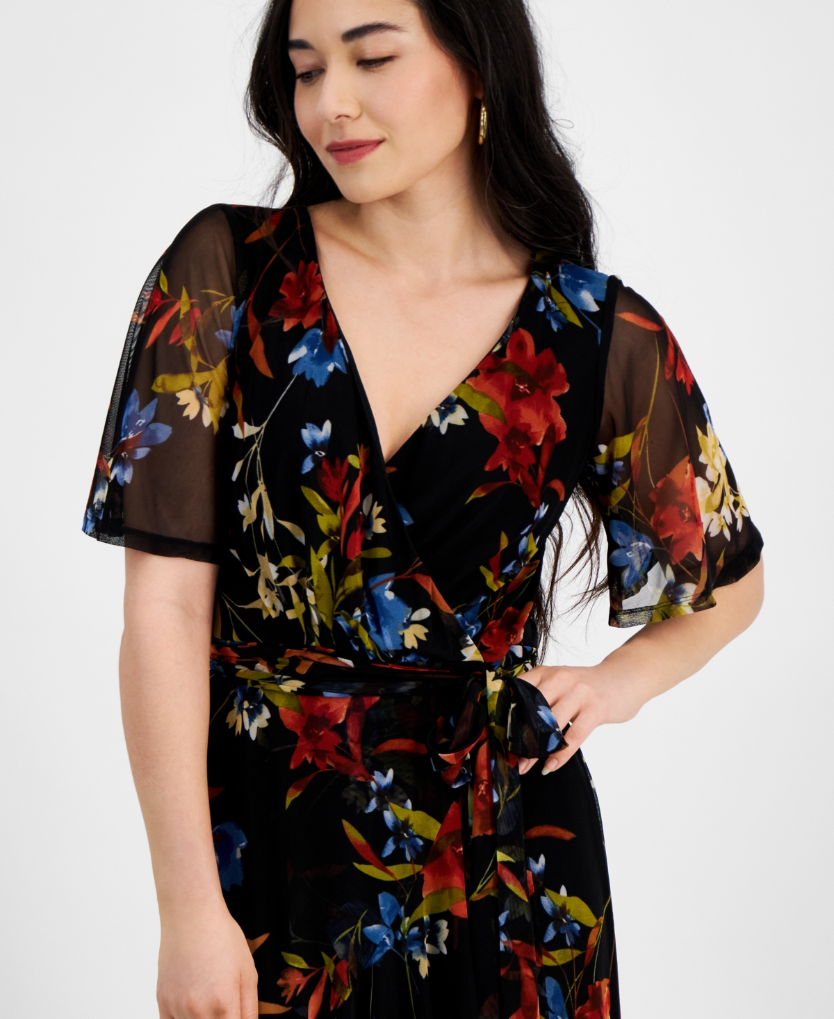 Connected Petite Floral High-Low Wrap Sheath Dress