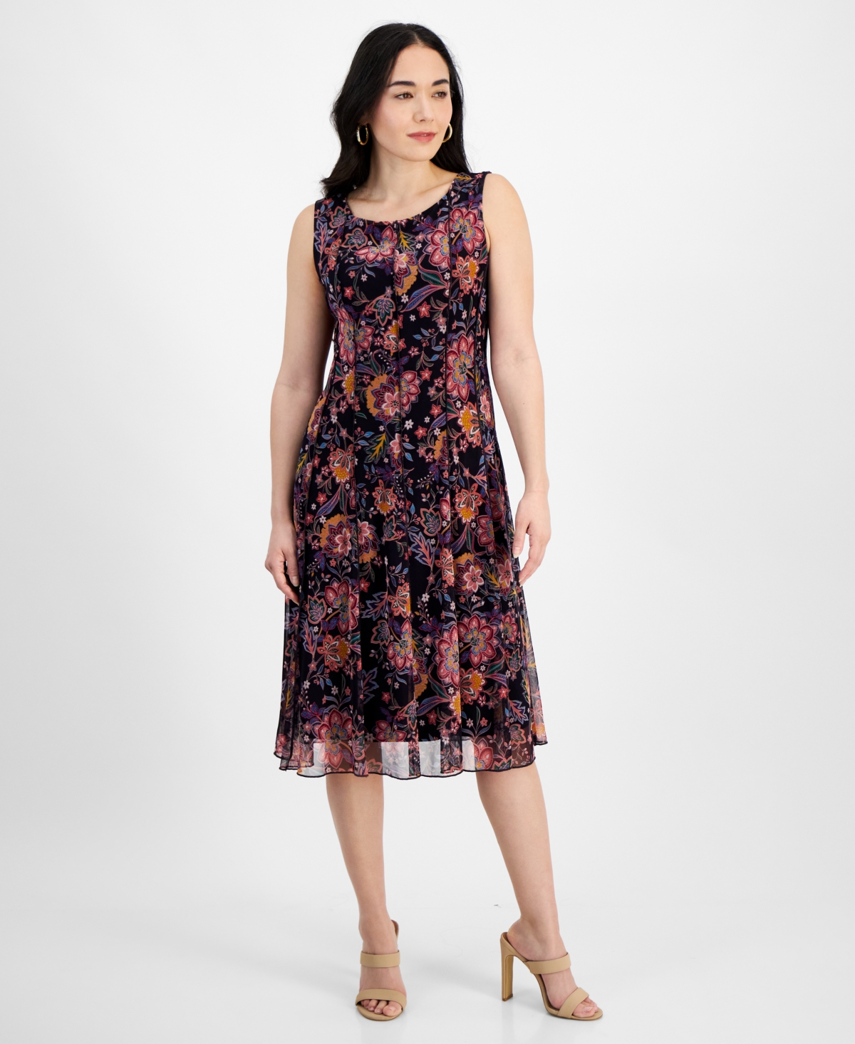 Petite Sleeveless Floral Chiffon Sheath Dress - Navy