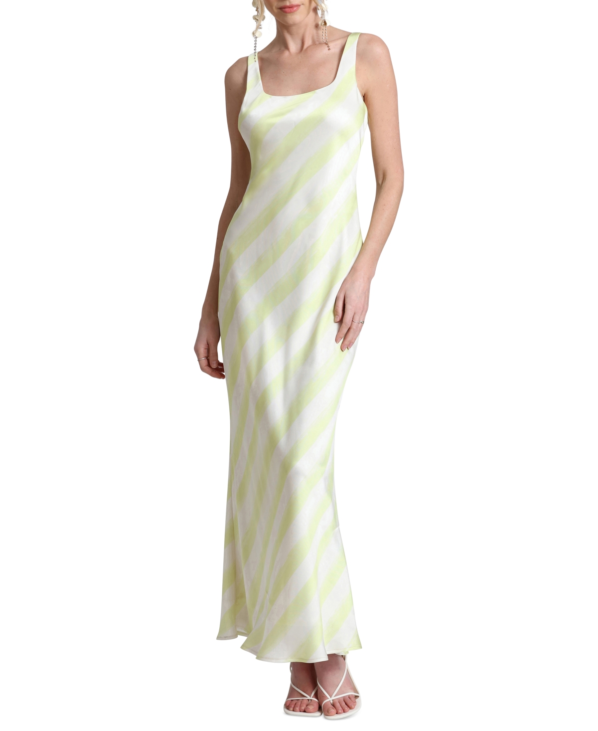 Shop Avec Les Filles Women's Bias-striped Square-neck Maxi Dress In Kiwi Twist