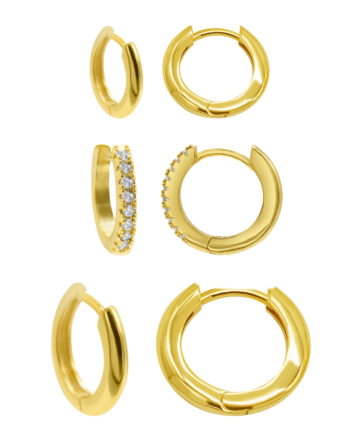 14K Gold Plated 3-Huggie Hoop Earrings Set with 1-Crystal Hoop - Gold