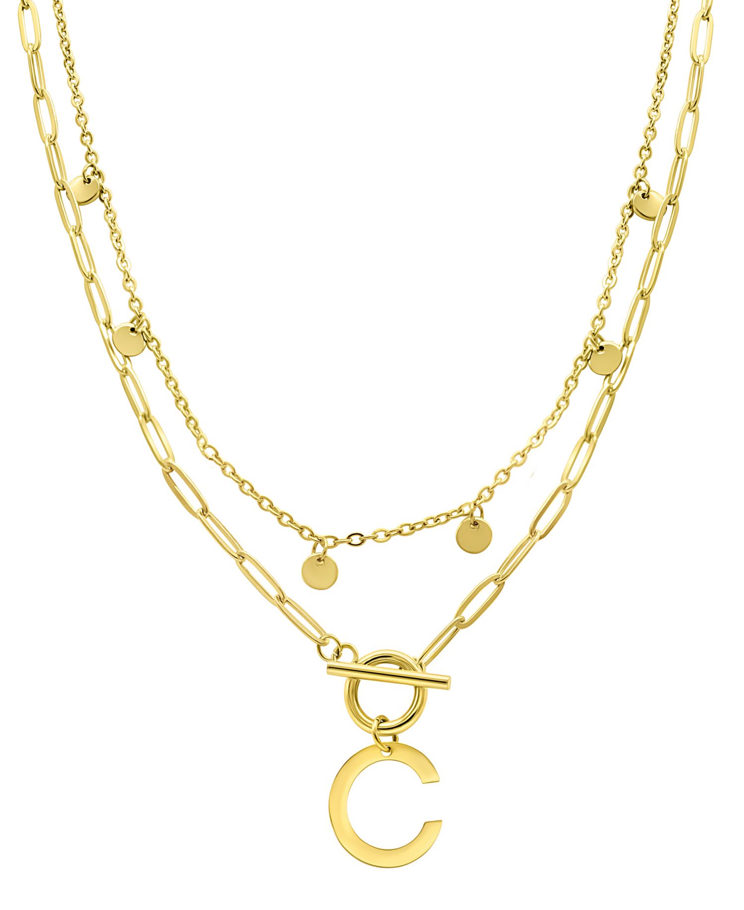 Tarnish Resistant 14K Gold-Plated Confetti and Paperclip Layered Initial Toggle Necklace