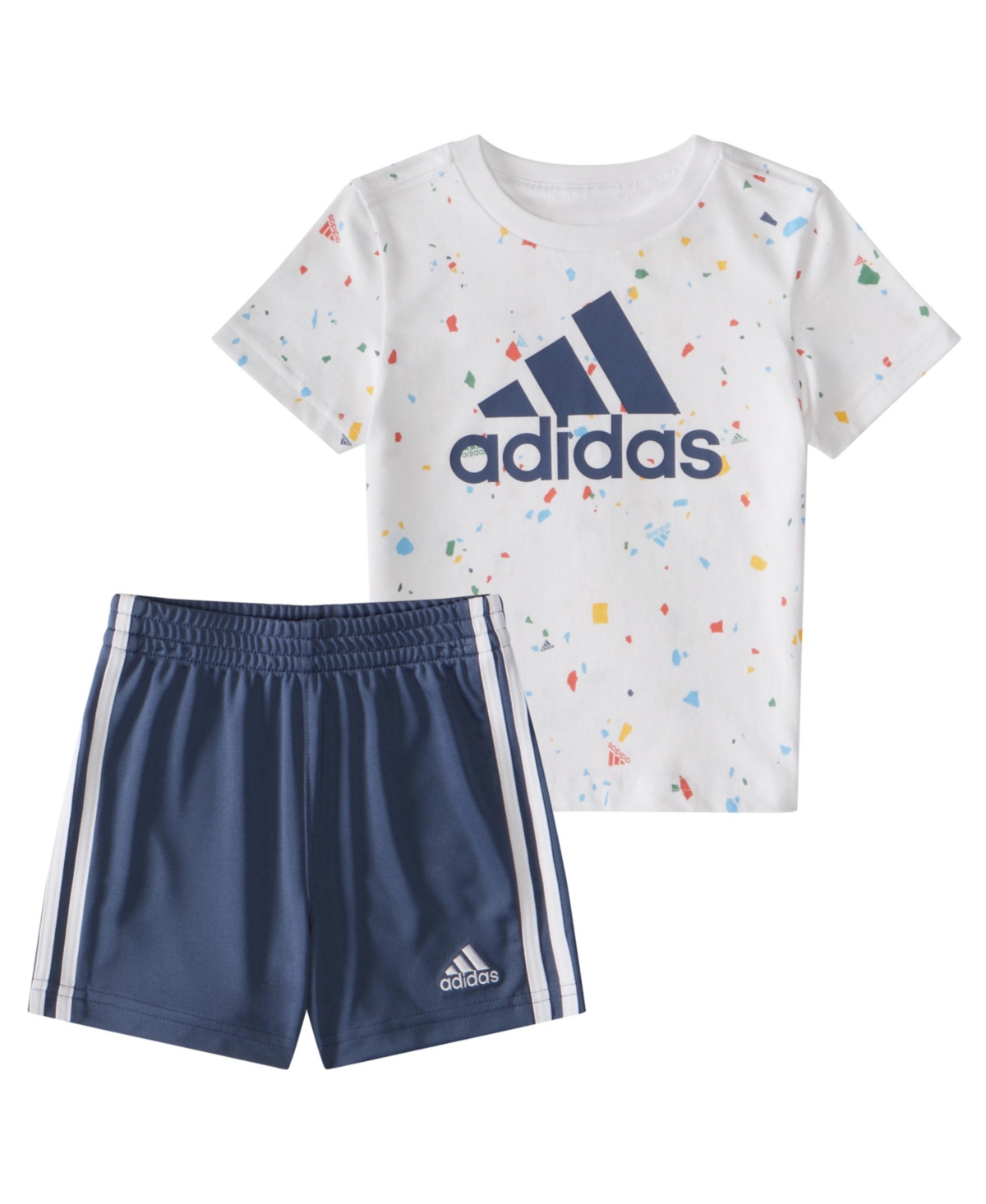 Shop Adidas Originals Baby Boys Printed T Shirt And 3 Stripe Shorts, 2 Piece Set In White With Multicolor