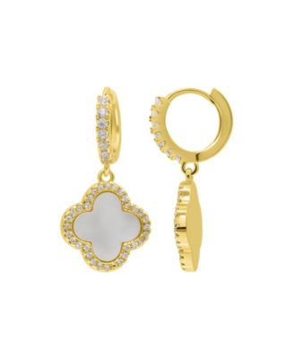 14K Gold-Plated Crystal Halo White Mother-of-Pearl Clover Dangle Huggie Earrings