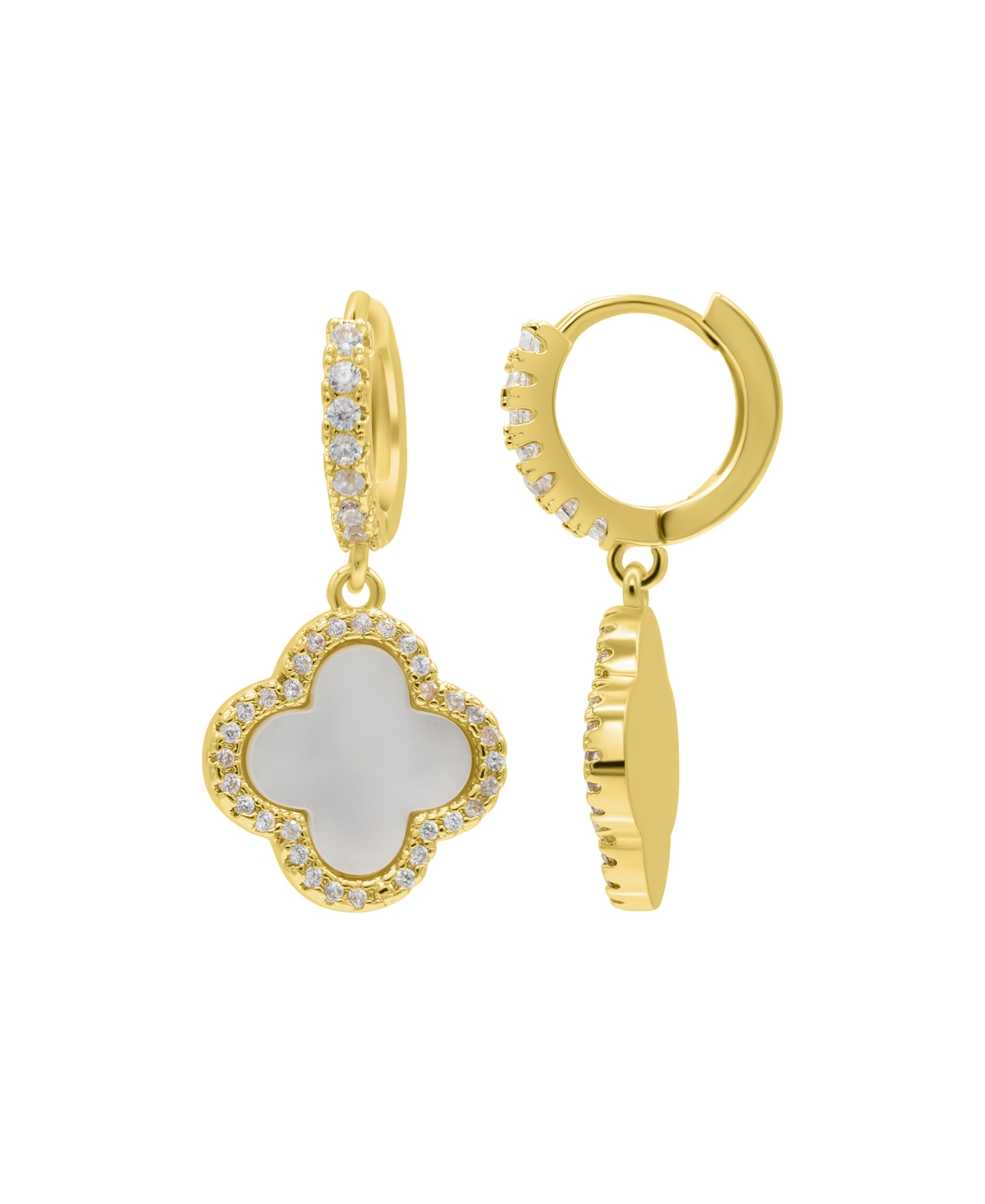 Adornia 14k Gold-plated Crystal Halo White Mother-of-pearl Clover Dangle Huggie Earrings In White